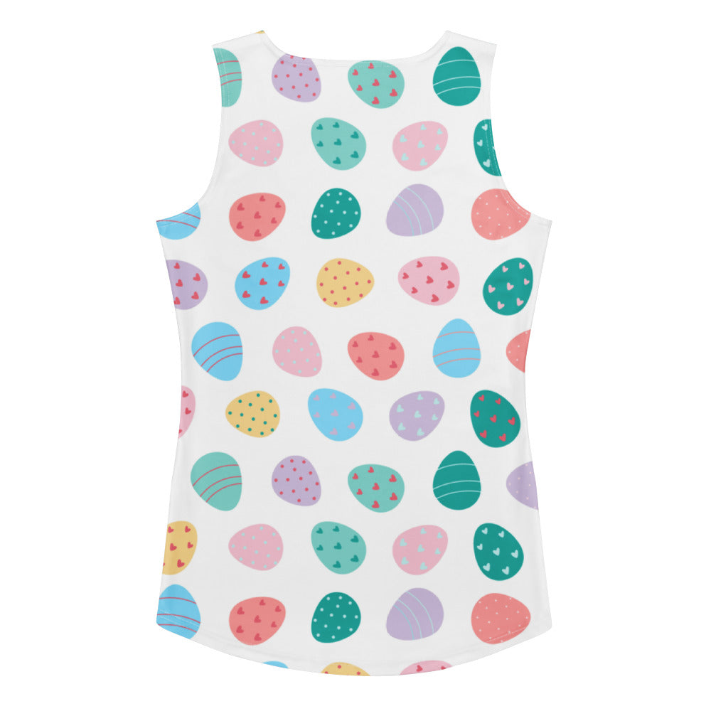 Women’s white sleeveless easter egg tank top with colorful pastel pattern quick drying buttery soft fabric upf 50+