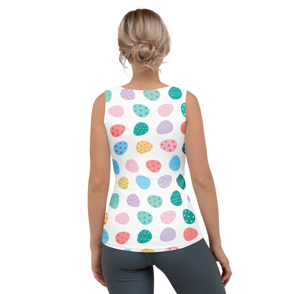 White sleeveless women’s easter egg tank top with colorful pastel pattern quick drying buttery soft fabric upf 50+
