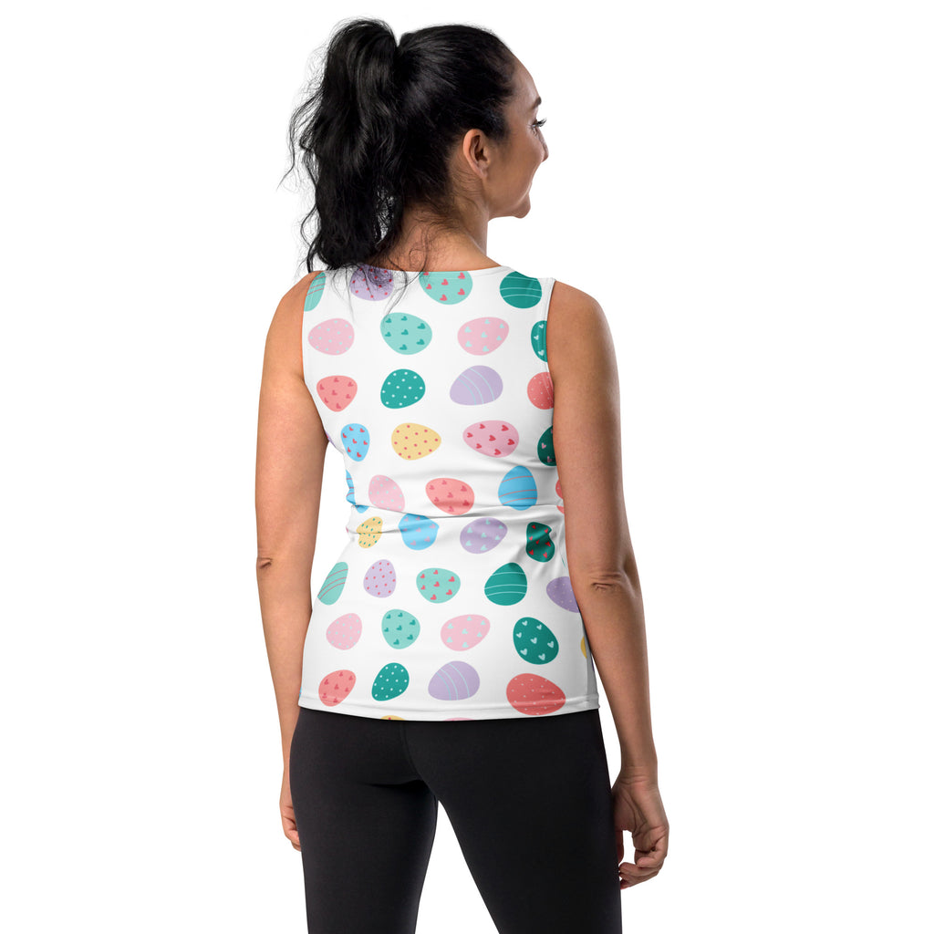 White sleeveless women’s Easter egg tank top with pastel pattern quick drying buttery soft fabric UPF 50+