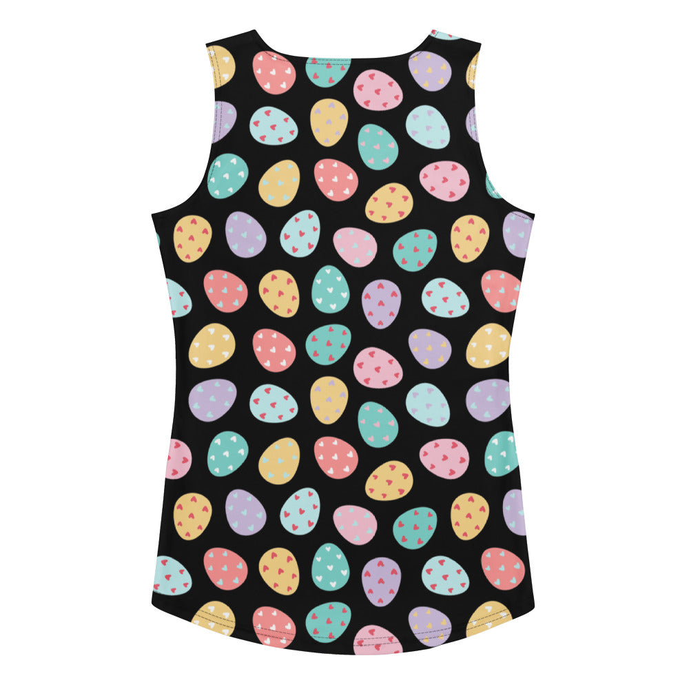 Women’s black sleeveless easter egg tank top with pastel hearts quick drying buttery soft fabric upf 50+