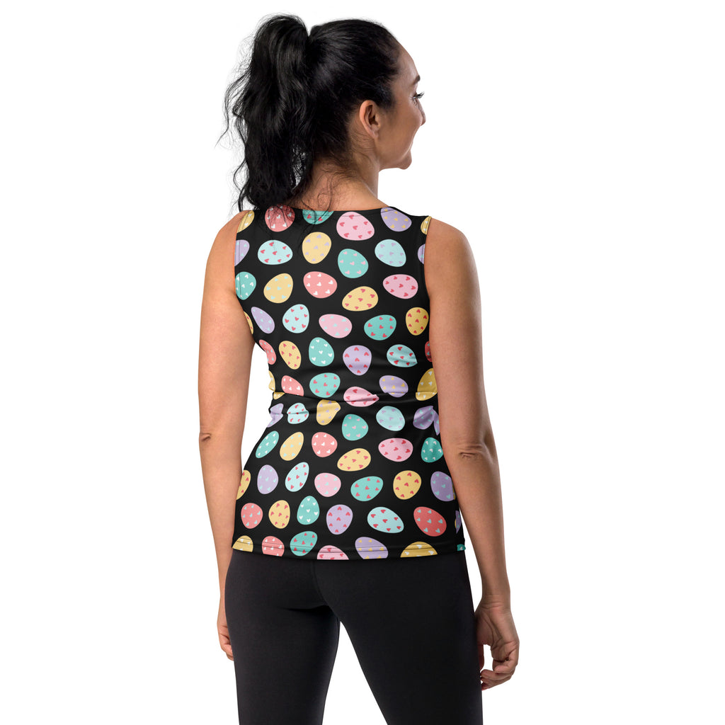 Black sleeveless women’s tank top with colorful pastel Easter eggs pattern quick drying buttery soft fabric upf 50+