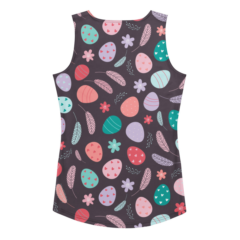 Women’s purple floral easter egg tank top with pastel patterns feathers quick drying buttery soft fabric upf 50+