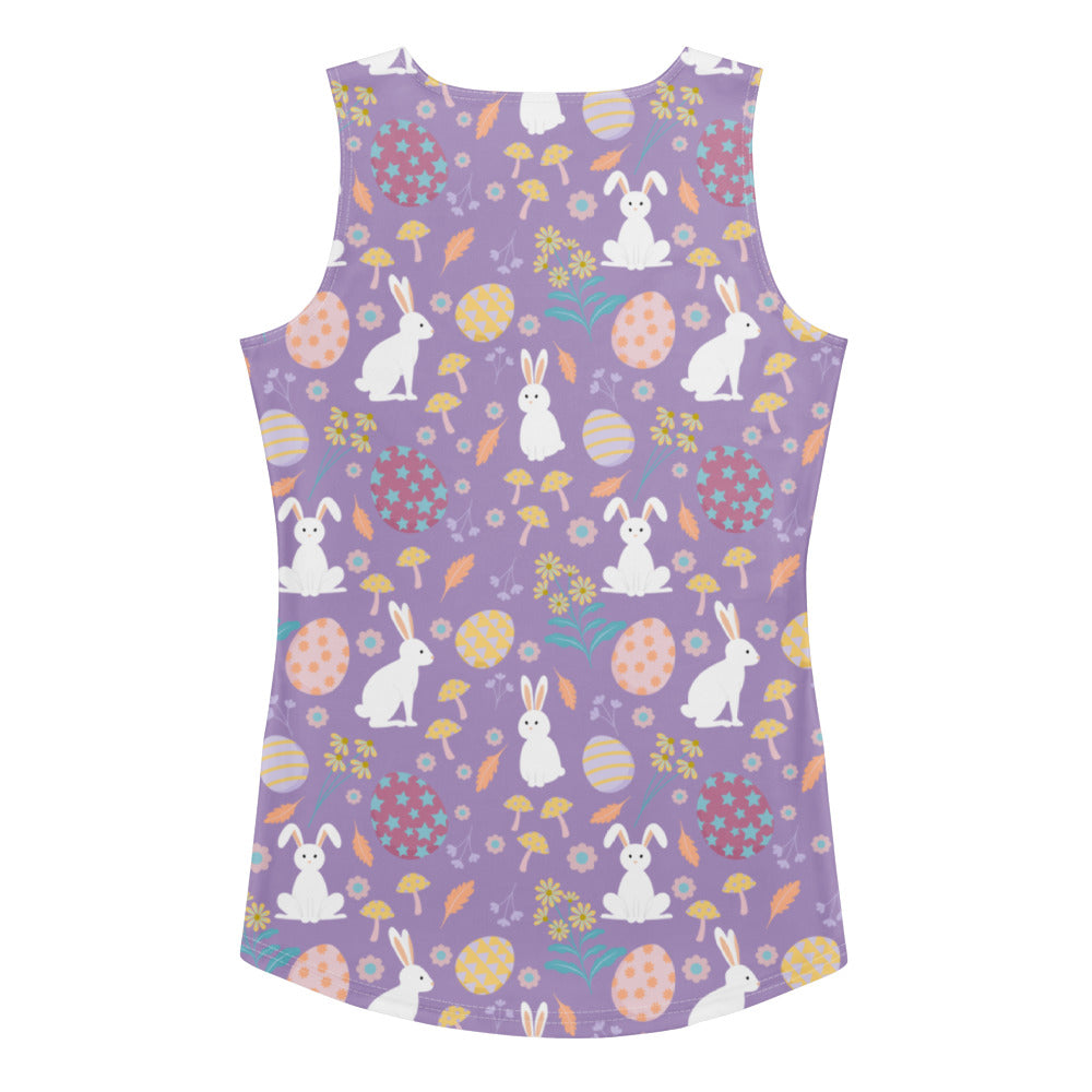 Women’s purple easter bunny tank top with playful pattern quick drying buttery soft fabric and upf 50+ protection