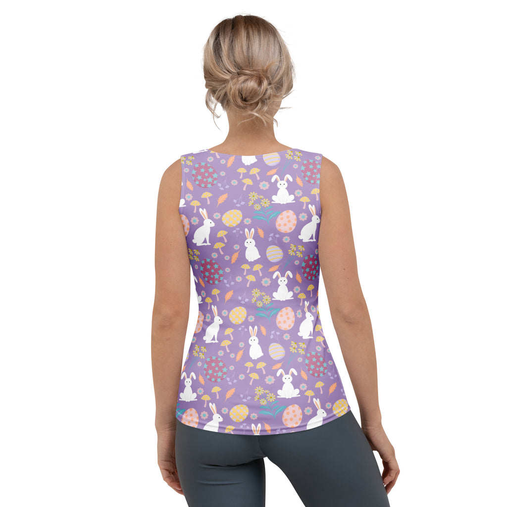 Women’s purple easter bunny tank top with white bunnies pastel eggs spring foliage quick drying buttery soft fabric upf 50+
