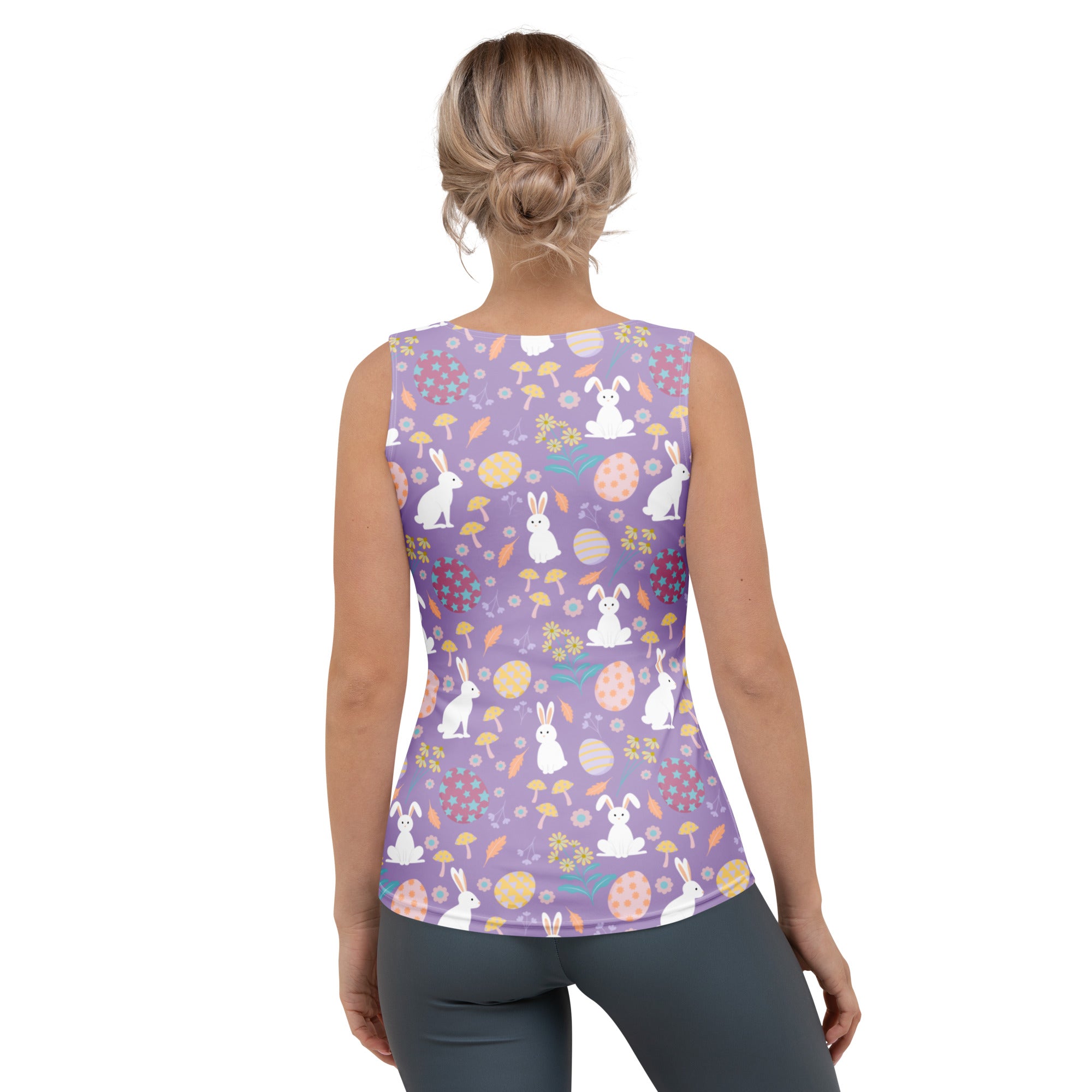 Women’s purple easter bunny tank top with white bunnies pastel eggs spring foliage quick drying buttery soft fabric upf 50+