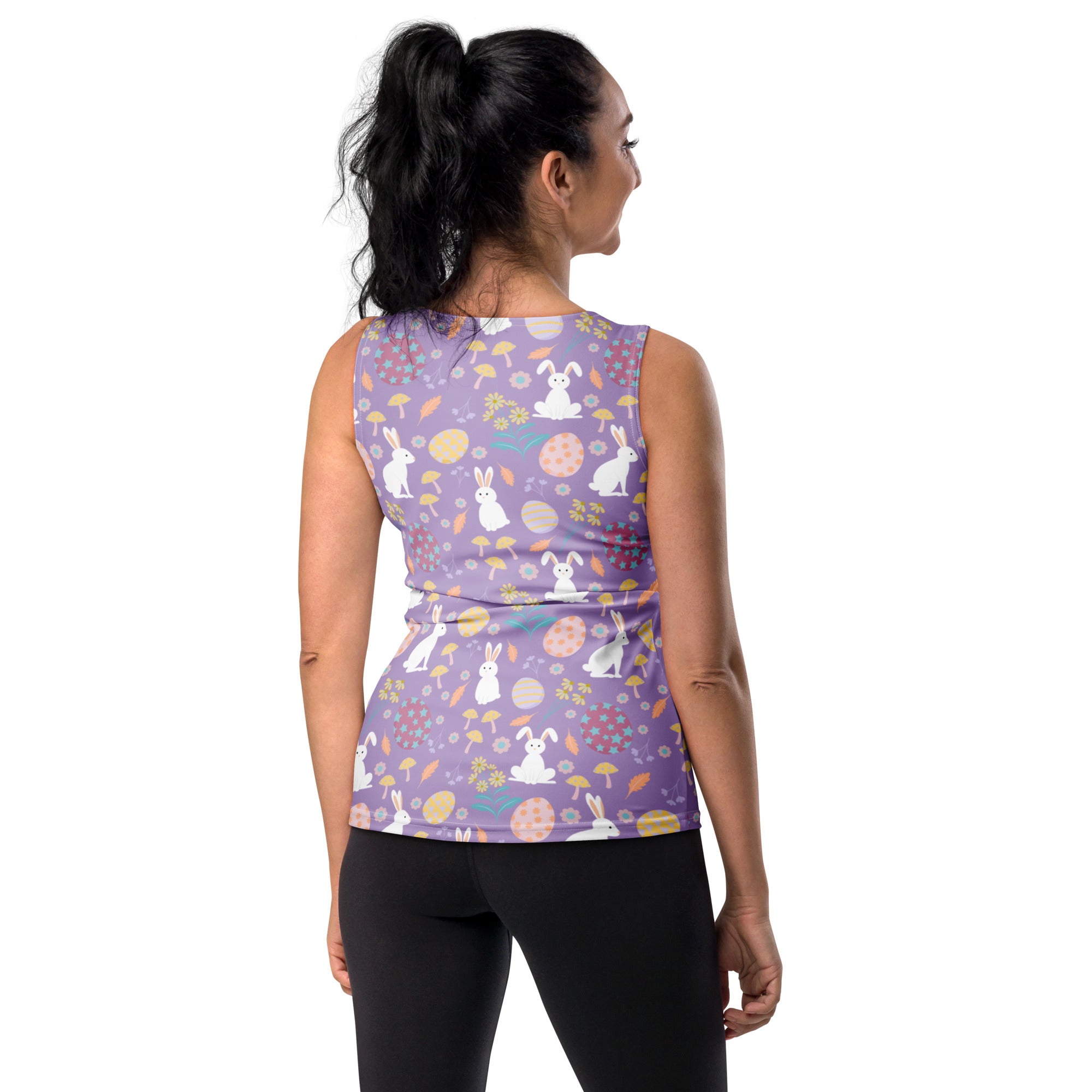 Women’s purple easter bunny tank top with white bunny pattern pastel eggs floral motifs quick drying buttery soft fabric upf 50+