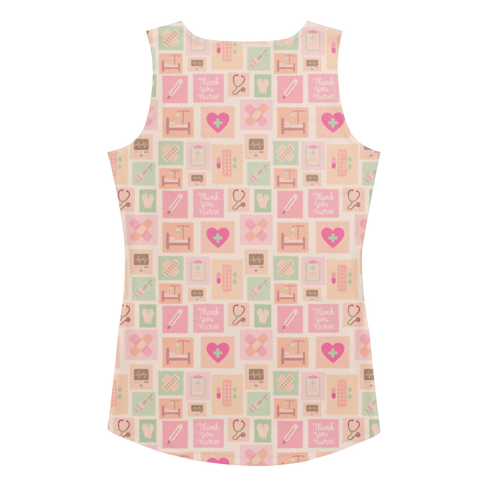 Women’s pink nurse icon tank top with quick drying buttery soft fabric and medical-themed pastel pattern