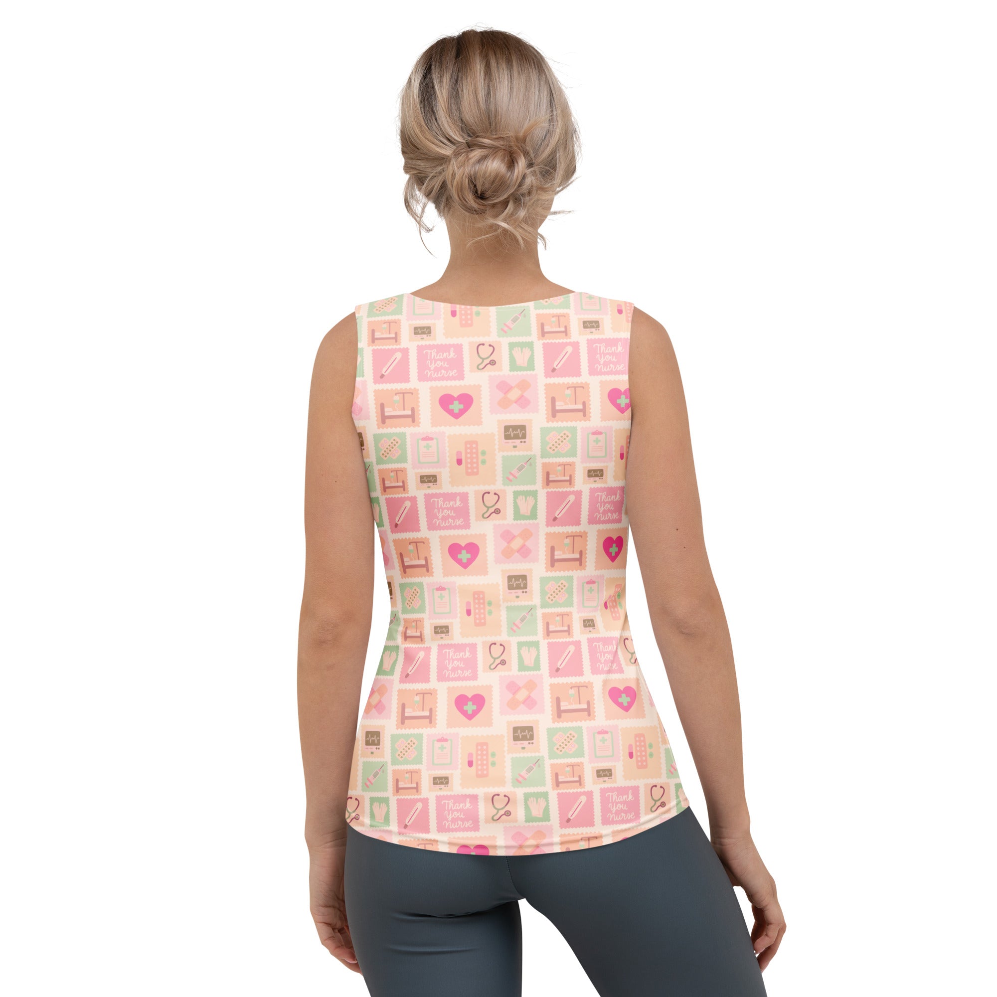 Women’s pink nurse icon tank top in soft pink and mint with medical-themed icons made of quick-drying buttery soft fabric with UPF 50+