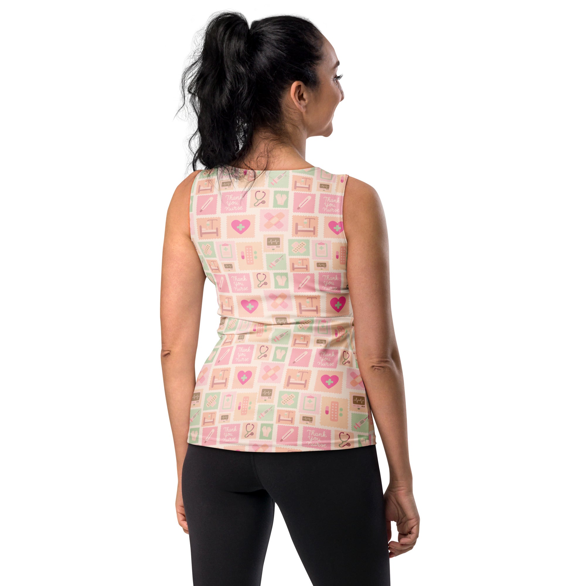 Women’s pink nurse icon tank top in soft pastel with quick drying buttery fabric and upf 50 plus protection