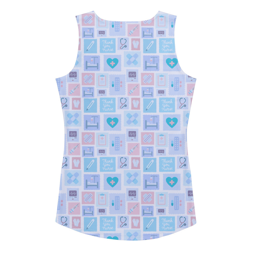 Women’s blue nurse icon tank top with playful medical pattern thank you nurse text quick drying buttery soft fabric upf 50+