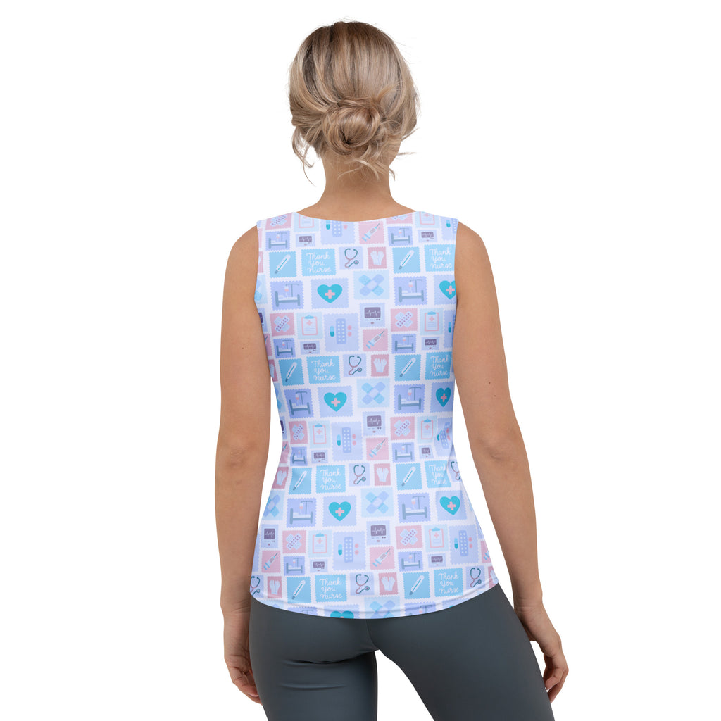Women’s blue nurse icon tank top with light blue and pink medical patterns in quick drying buttery soft fabric with upf 50+
