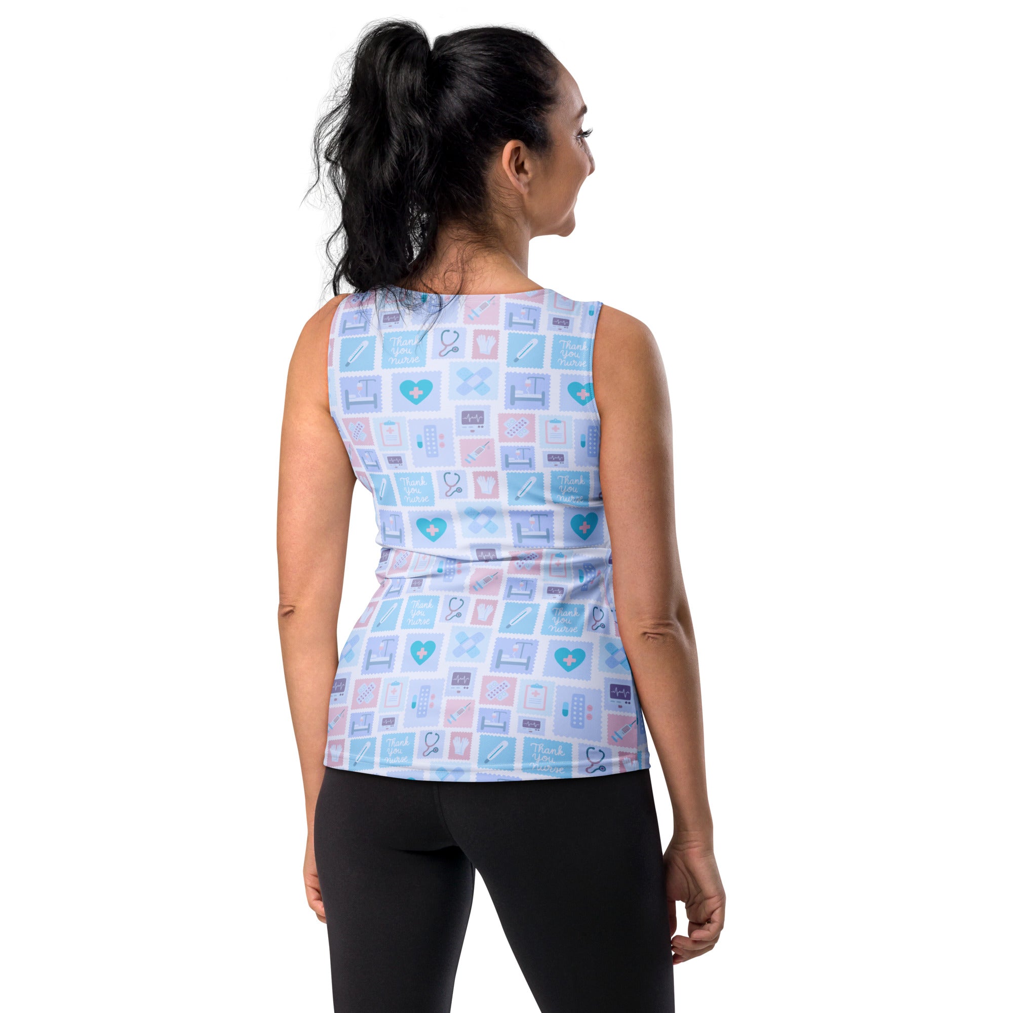 Women’s blue nurse icon sleeveless tank top with quick drying buttery soft fabric and UPF 50+ medical print