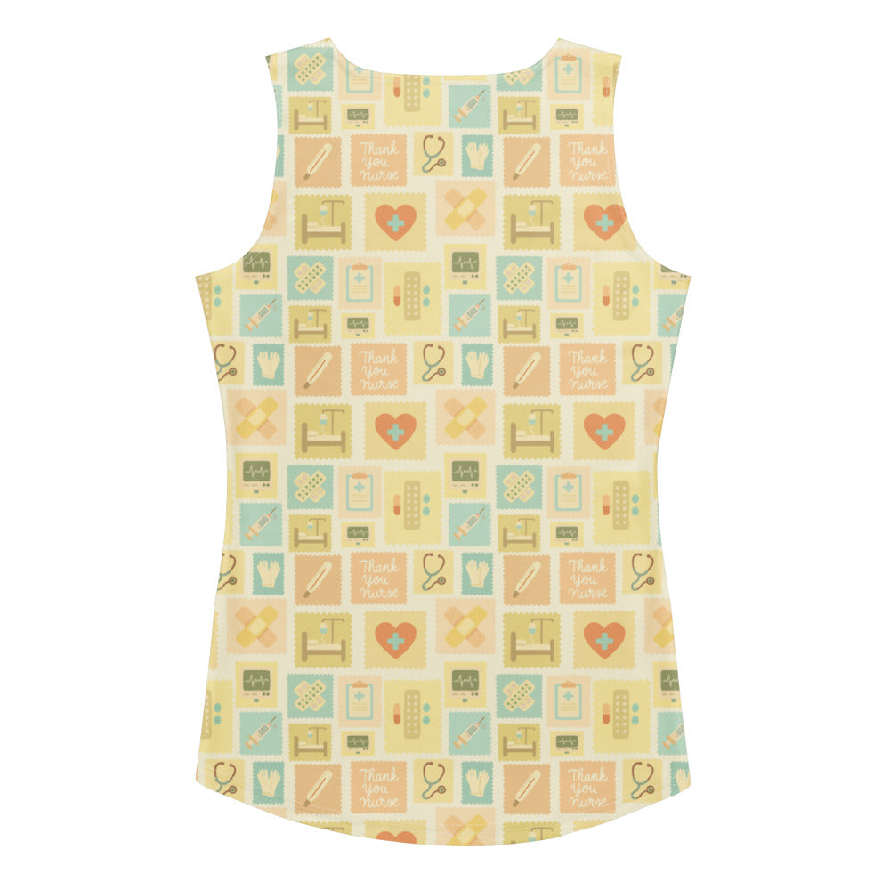 Women’s yellow nurse icon tank top with playful medical patterns in soft pastel shades, quick drying and UPF 50+ fabric