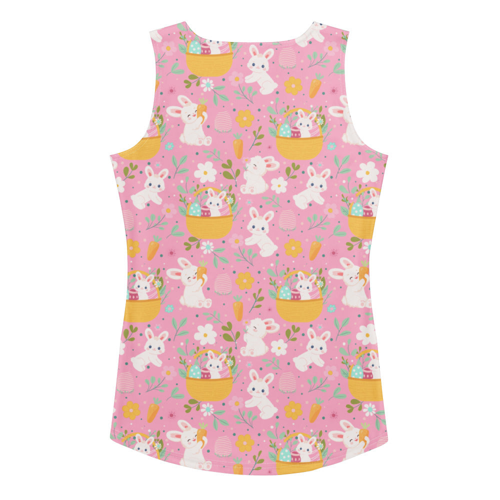Women’s pink sleeveless easter bunny tank top with playful pattern, buttery soft quick drying fabric, UPF 50+ protection