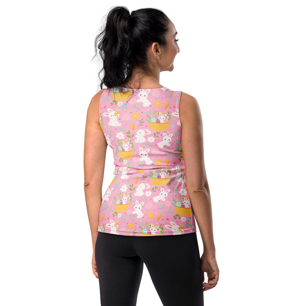 Women’s pink easter bunny tank top with playful pattern quick drying buttery soft fabric and upf 50 plus protection