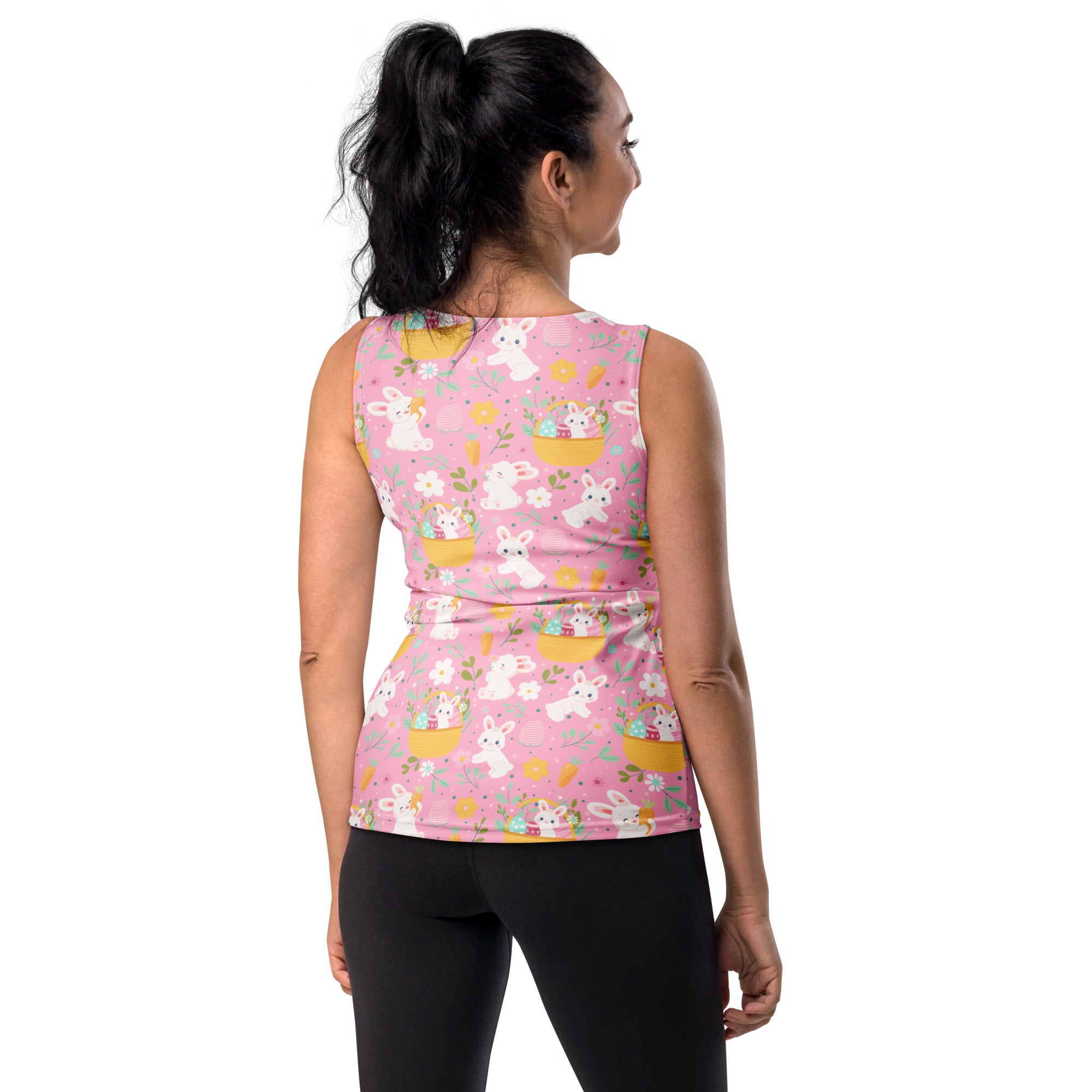 Women’s pink easter bunny tank top with playful pattern quick drying buttery soft fabric and upf 50 plus protection
