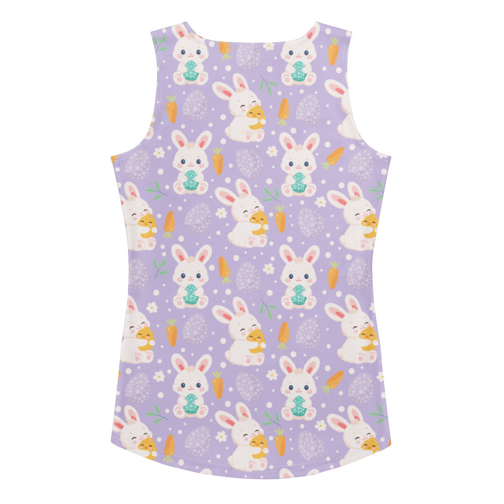 Women’s purple Easter bunny tank top in quick drying buttery soft fabric with UPF 50 plus featuring playful bunny print