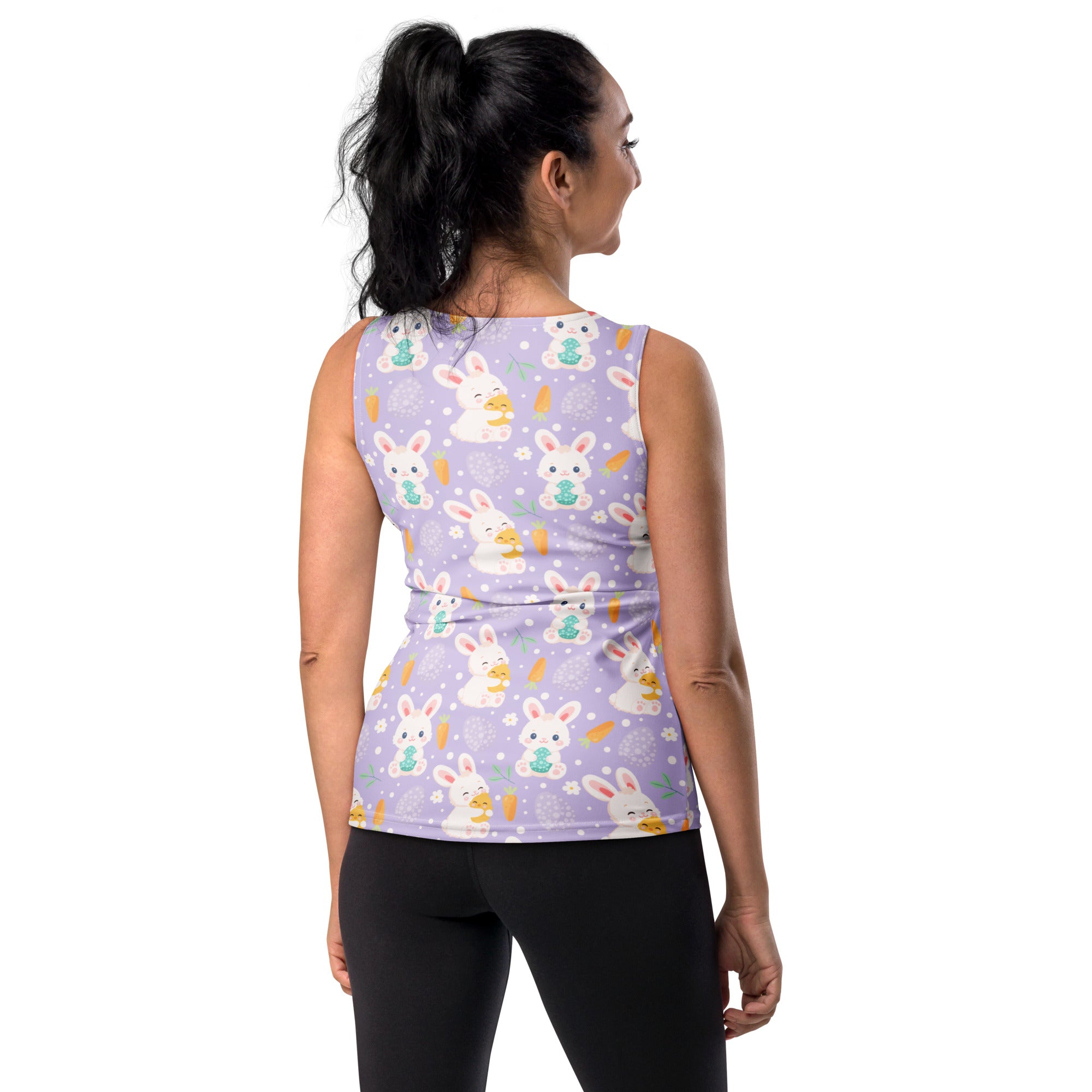 Lavender women’s sleeveless tank top with white bunny pattern, quick drying buttery soft fabric and upf 50 plus protection