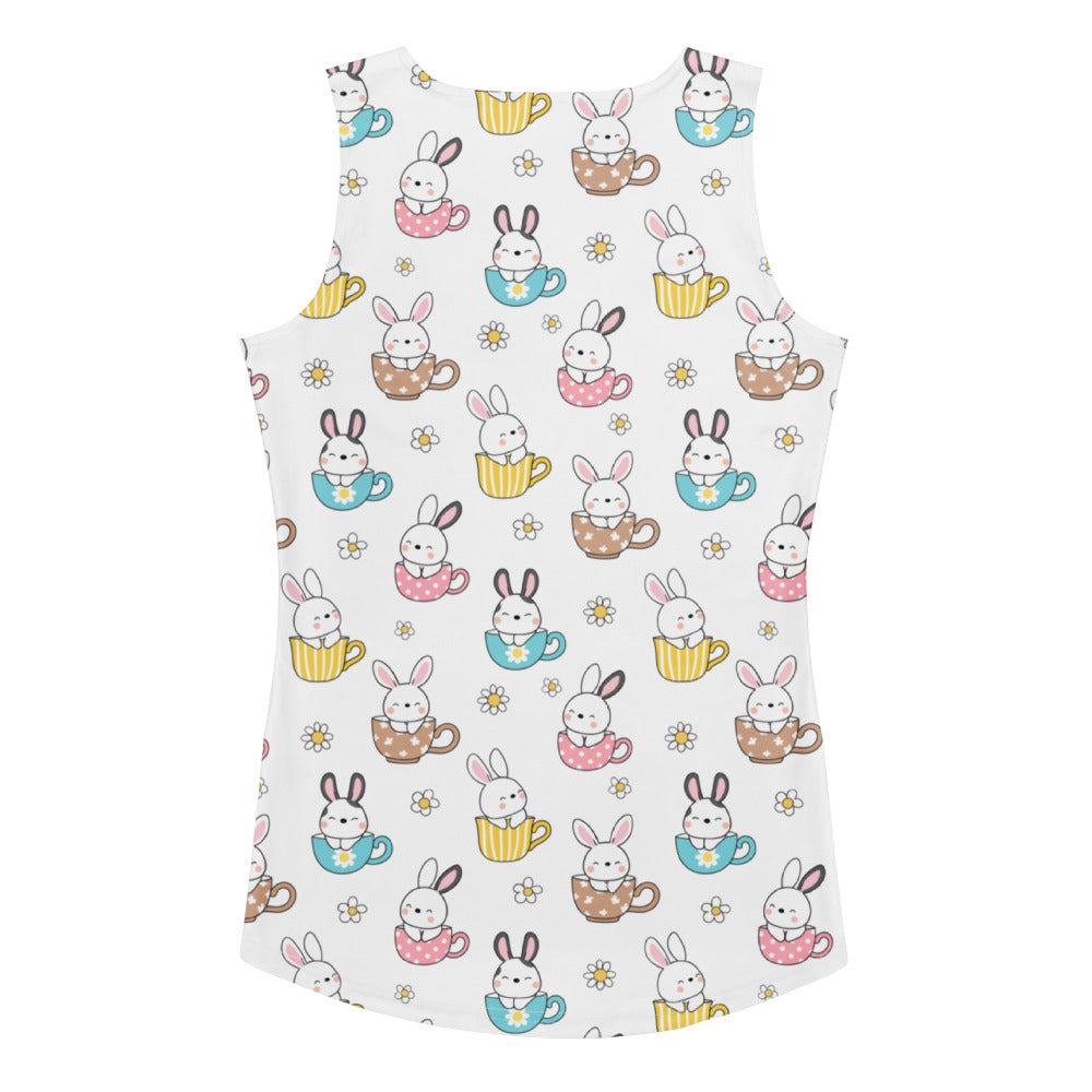 White sleeveless tank top with playful bunny and teacup pattern made from quick drying buttery soft fabric with upf 50+