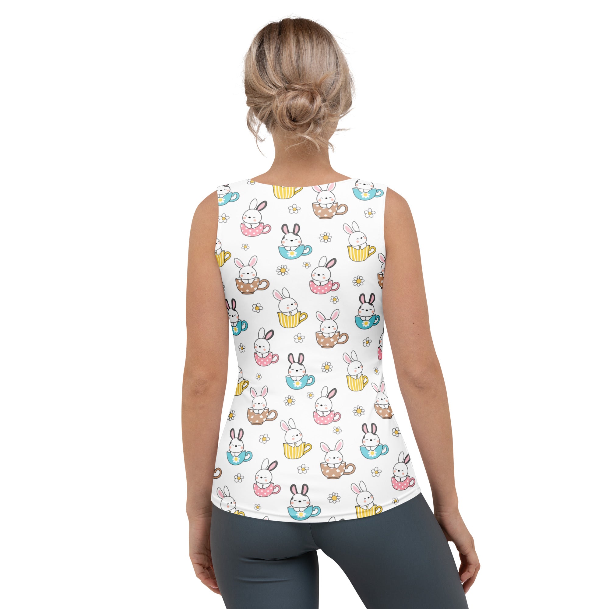 White sleeveless tank top with playful cartoon bunnies in colorful teacups made of buttery soft quick drying fabric with upf 50+