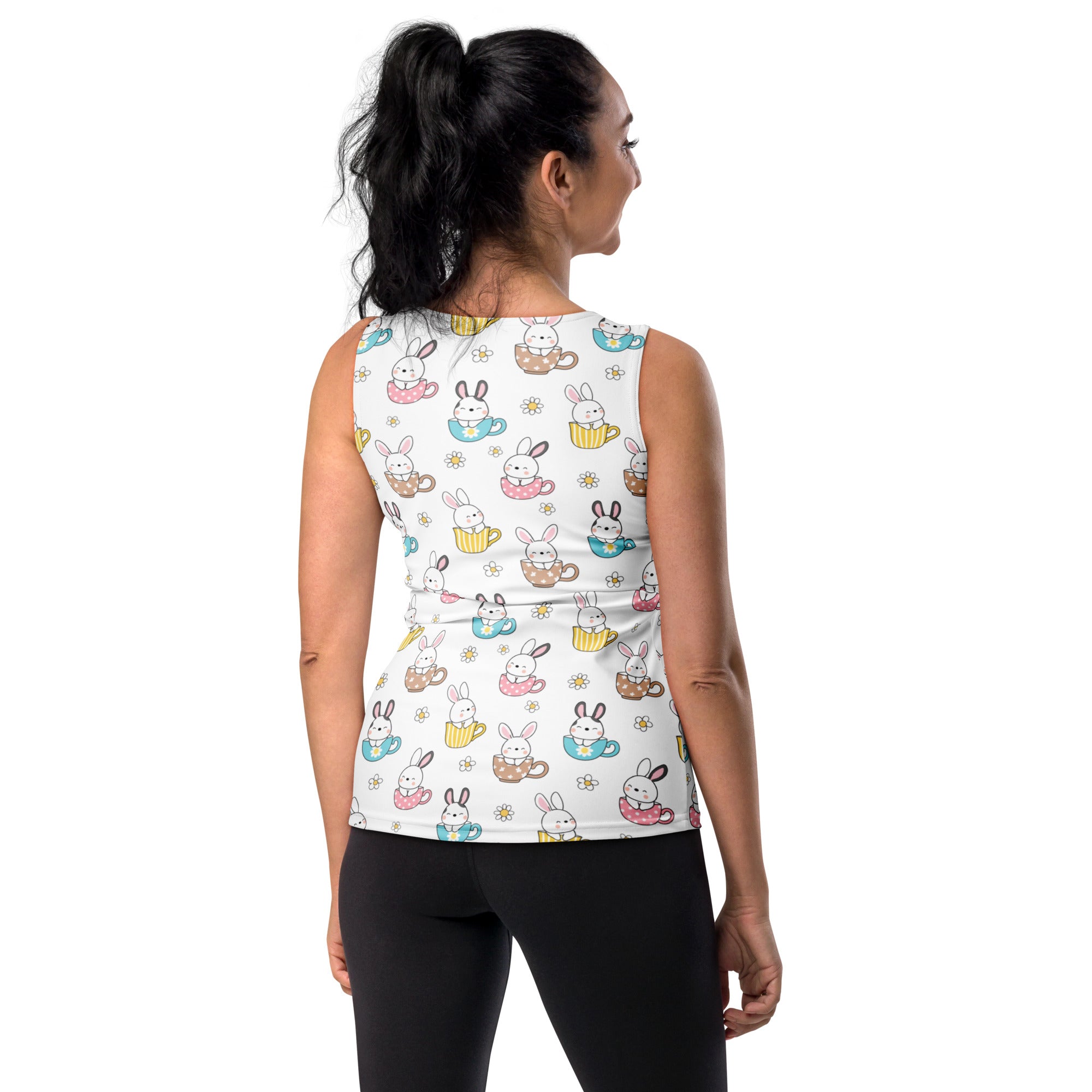 White sleeveless bunny teacup tank top with quick drying buttery soft fabric and upf 50 plus protection