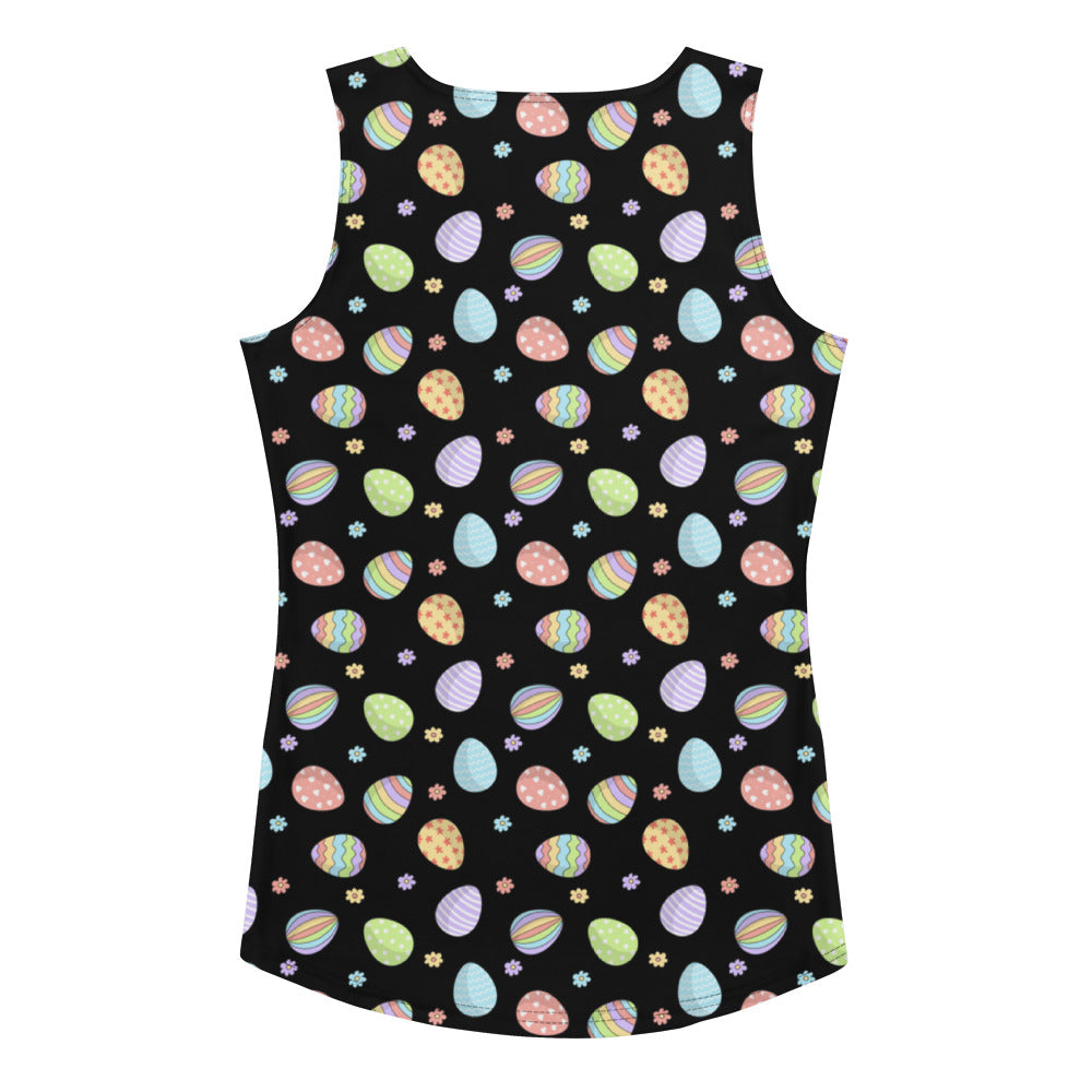 Women’s black sleeveless tank top with pastel easter eggs and flowers quick drying buttery soft fabric upf 50+