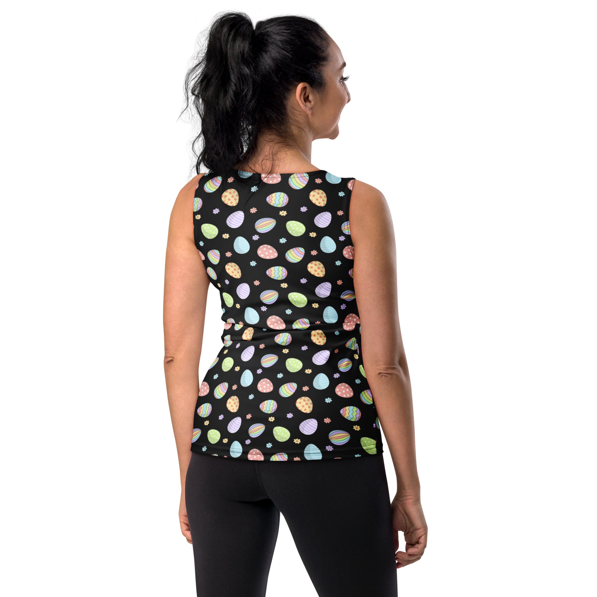Black sleeveless tank top with colorful pastel rainbow easter eggs quick drying buttery soft fabric upf 50+