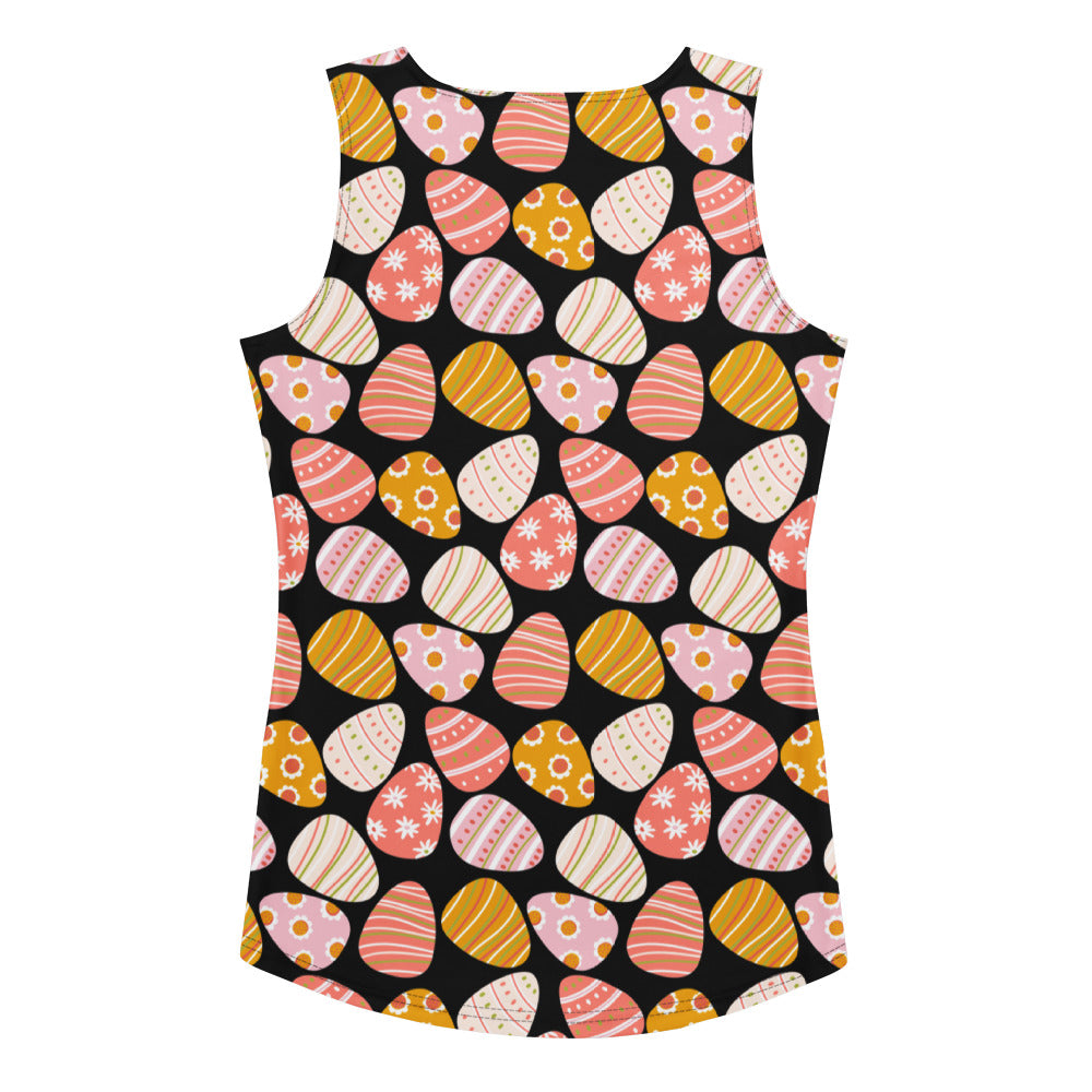Women’s retro Easter egg tank top in black with vibrant pink orange cream pattern, quick drying soft fabric with UPF 50+