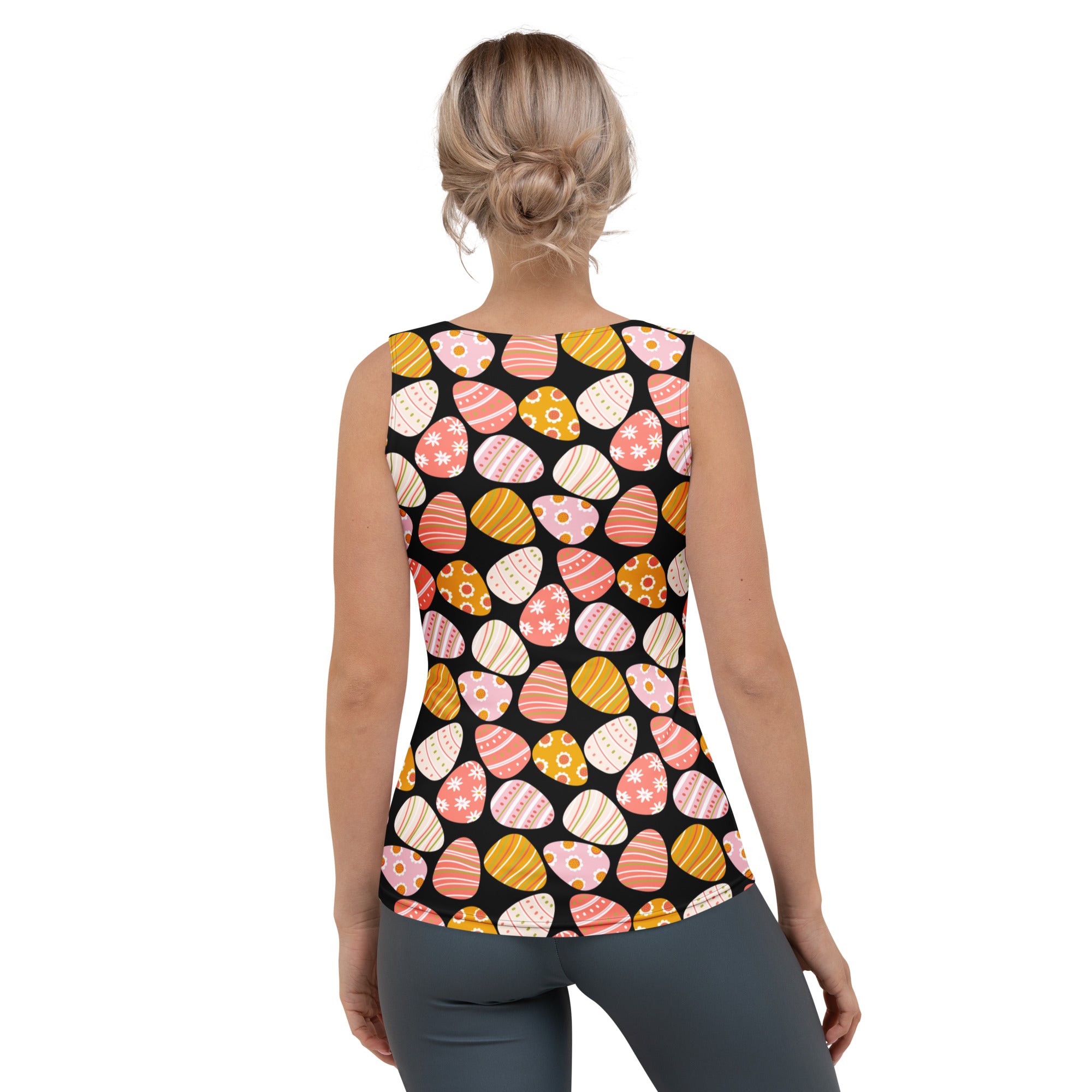 Women’s retro easter egg tank top in black with pastel patterned eggs made of buttery soft quick drying fabric with UPF 50+
