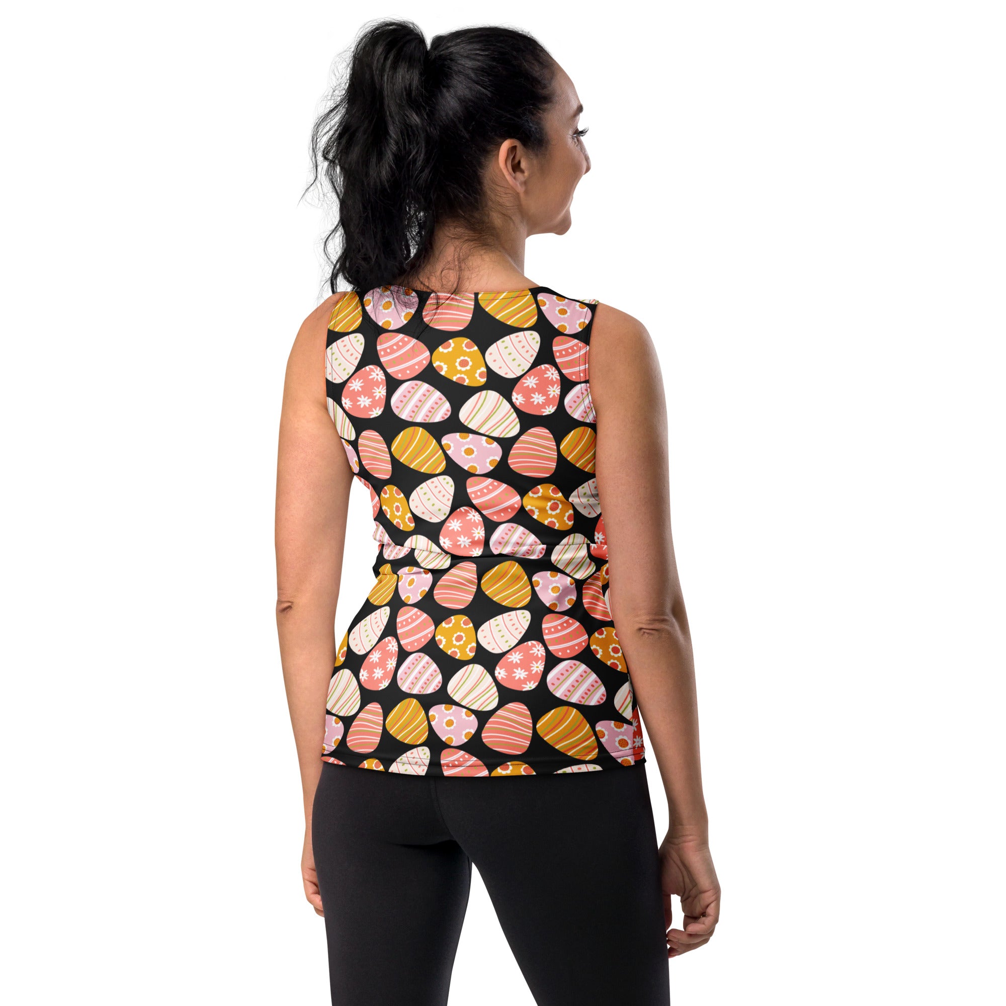 Women’s retro Easter egg tank top in black with pastel eggs pattern made of quick drying, buttery soft fabric with UPF 50+