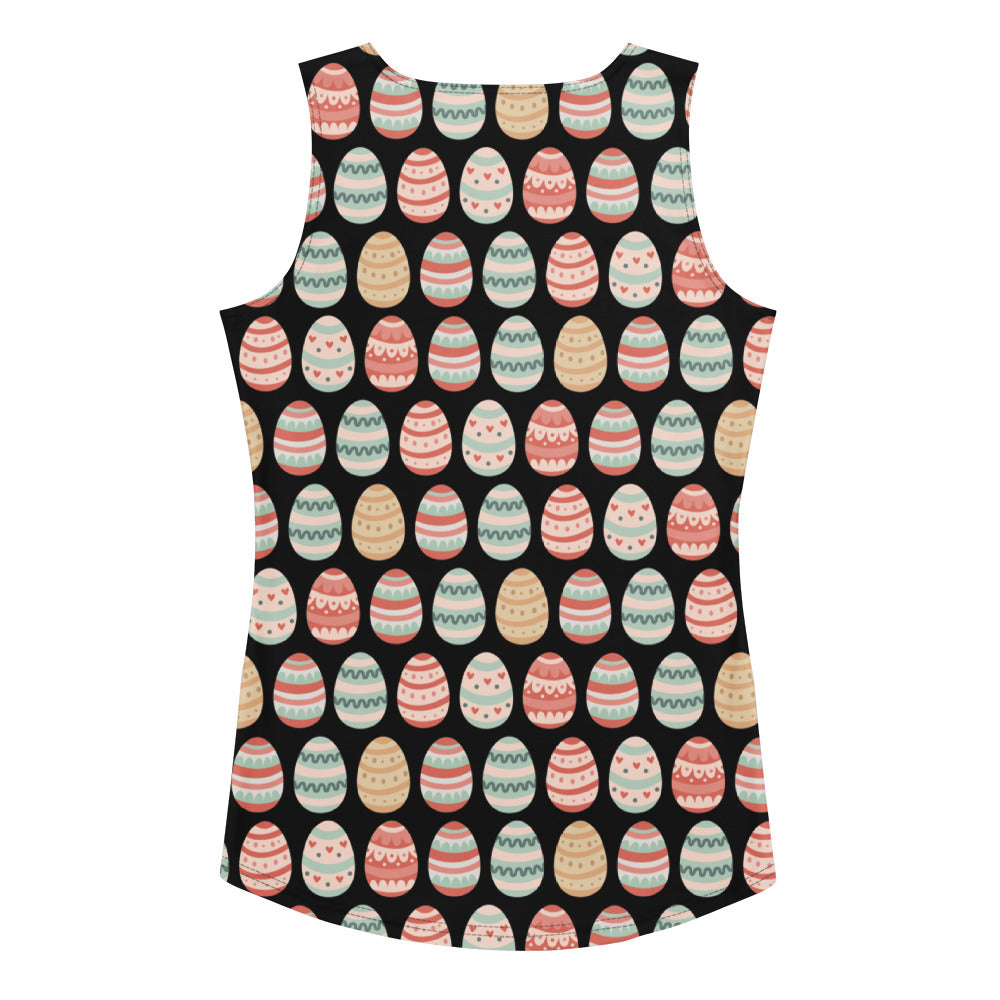Black sleeveless women’s classic easter egg tank top with colorful pastel eggs quick drying buttery soft fabric upf 50+