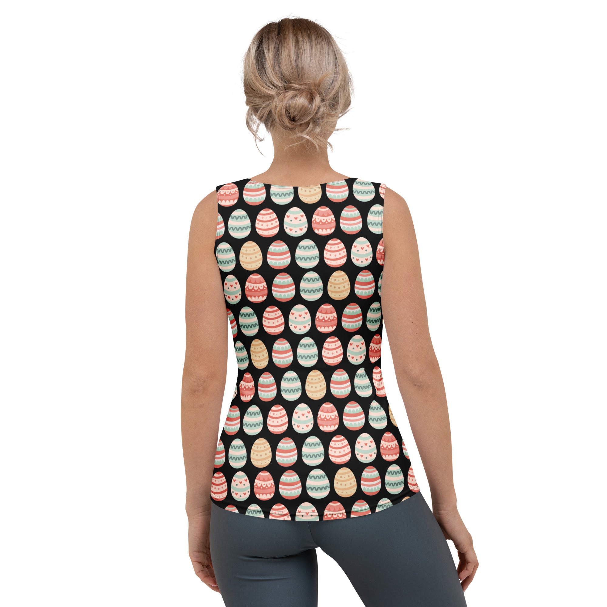 Women’s classic black sleeveless tank top with colorful easter egg pattern quick drying buttery soft fabric upf 50+
