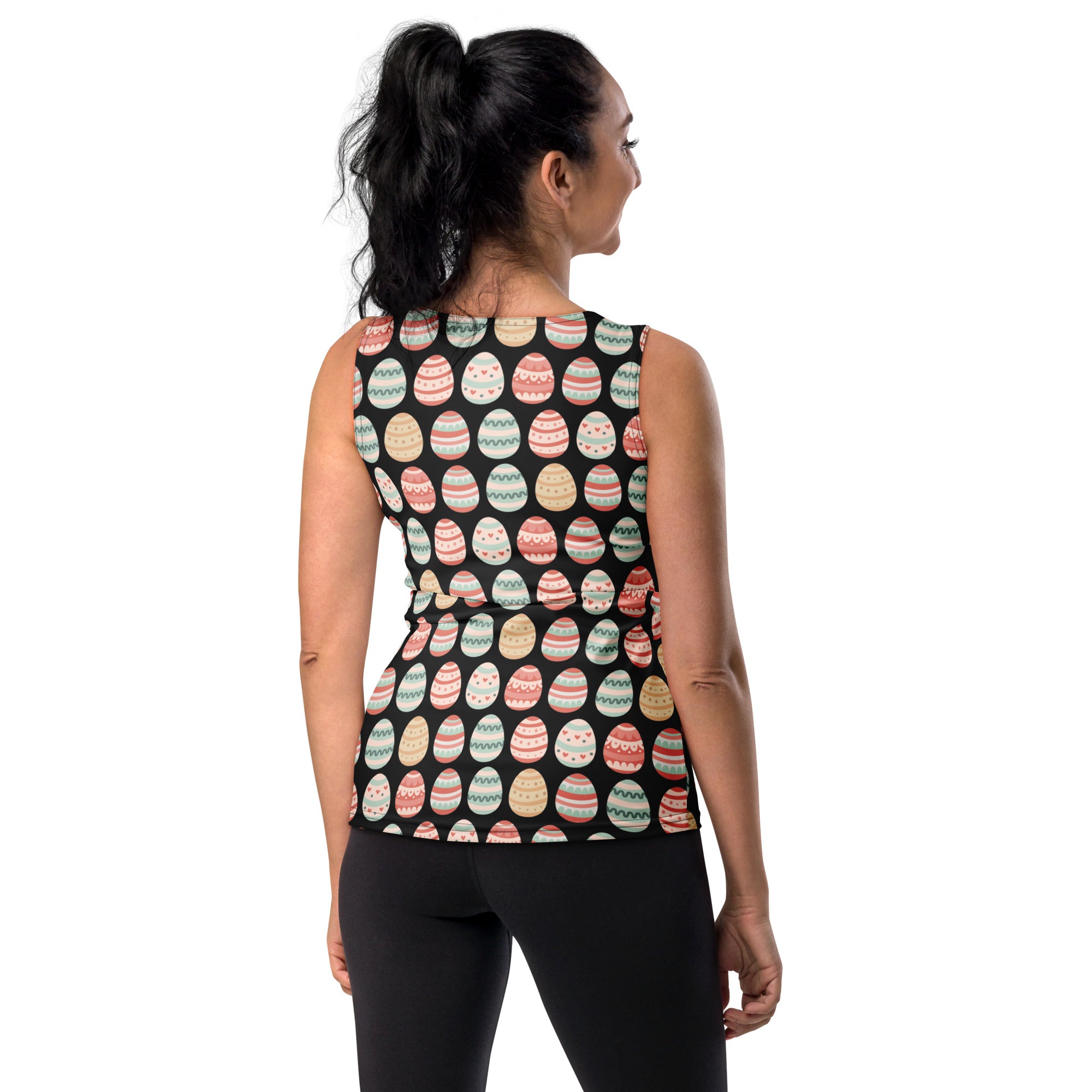 Women’s classic black sleeveless easter egg tank top with pastel pattern quick drying soft fabric upf 50 plus
