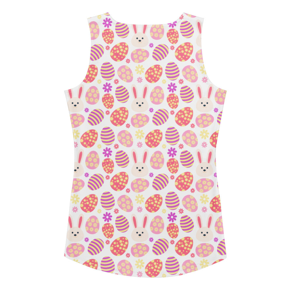 Women’s white sleeveless Easter tank top with pink purple eggs bunny faces flowers quick drying buttery soft fabric upf 50+