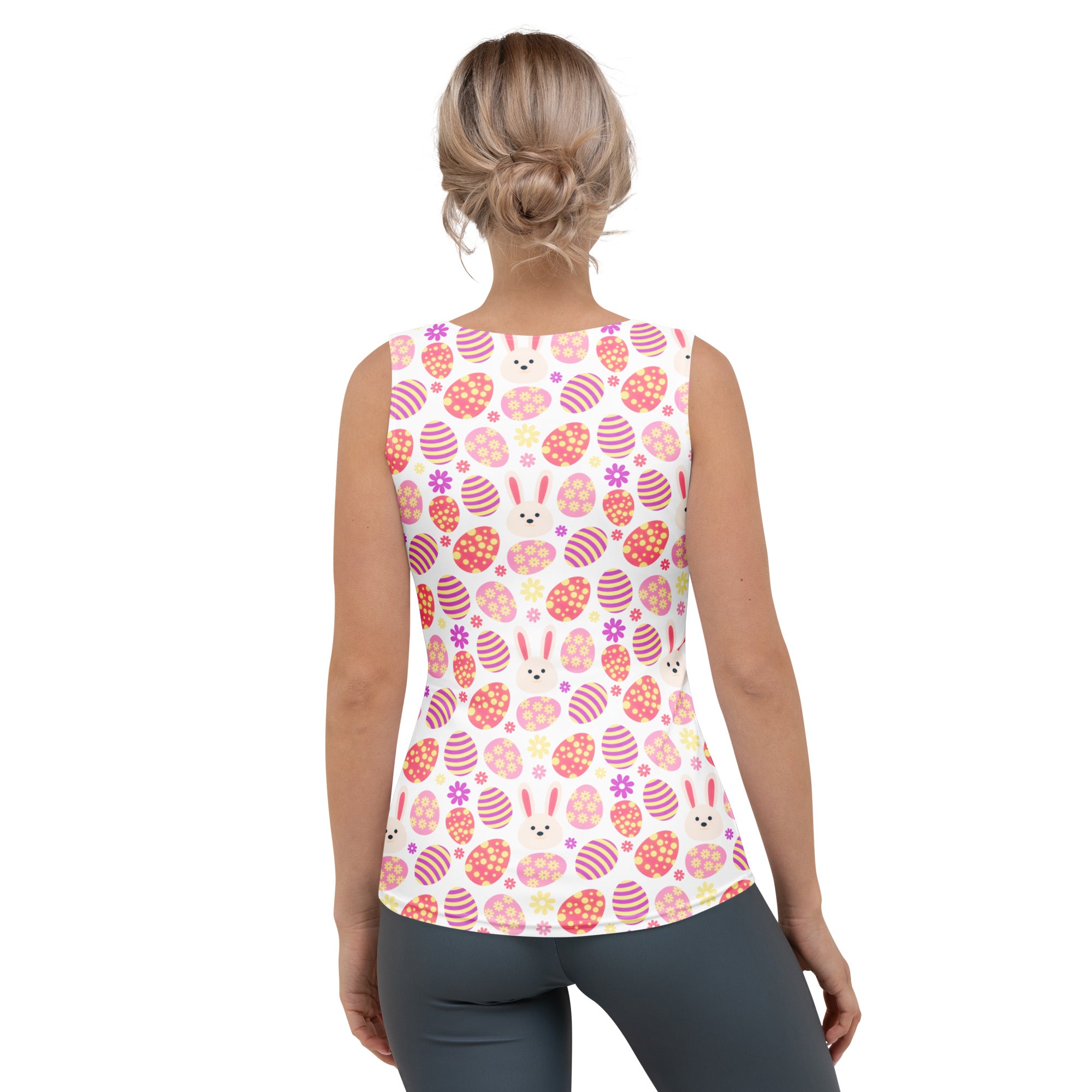 Women’s white sleeveless Easter tank top with pink purple eggs bunny faces flowers quick drying buttery soft fabric upf 50+