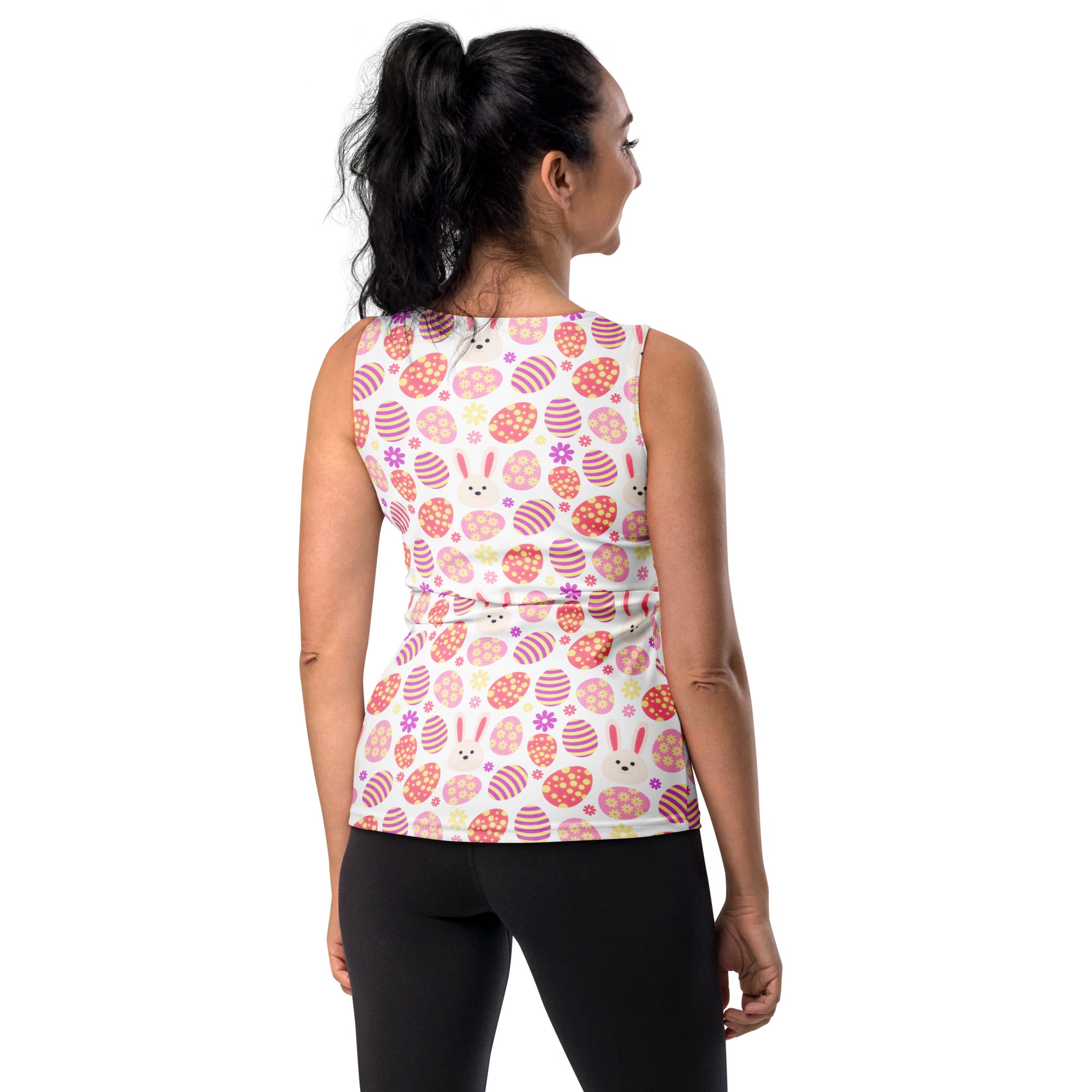 White sleeveless women’s Easter tank top with pink and orange striped eggs, bunny faces, purple flowers, quick drying fabric