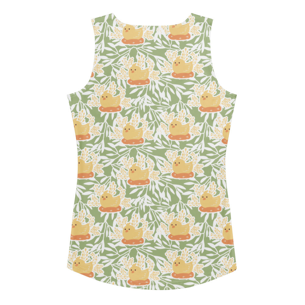 Women’s sage green sleeveless Easter chick tank top with yellow rubber duck pattern, quick drying buttery soft fabric and UPF 50+ protection