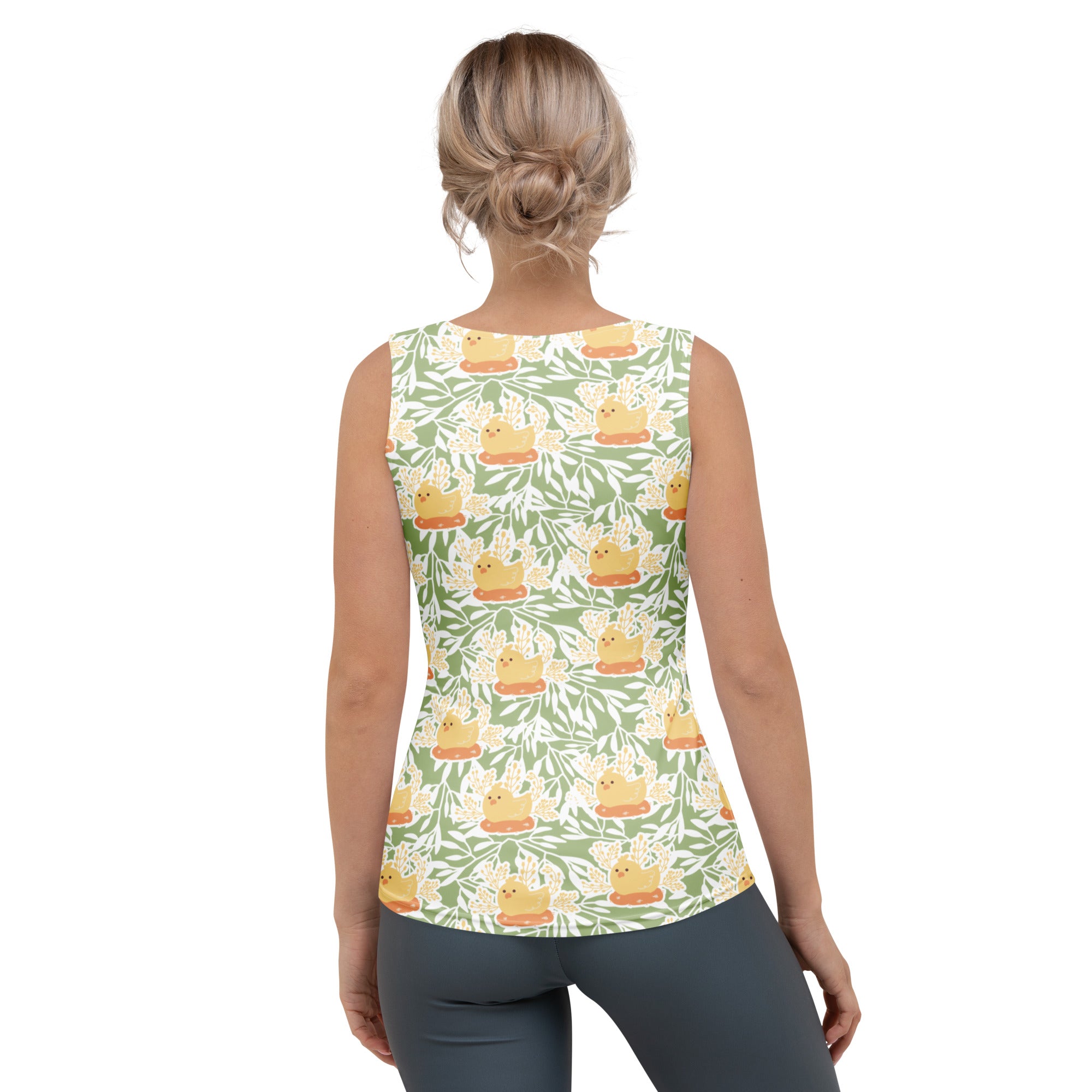 Women’s sage green sleeveless tank top with yellow rubber duck pattern quick drying buttery soft fabric upf 50+