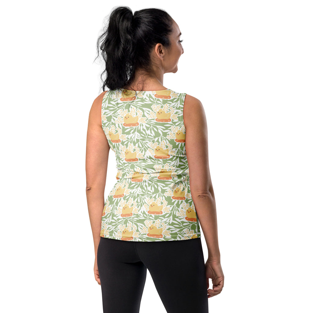 Women’s sage green sleeveless tank top with yellow rubber ducks on olive background quick drying buttery soft fabric upf 50+