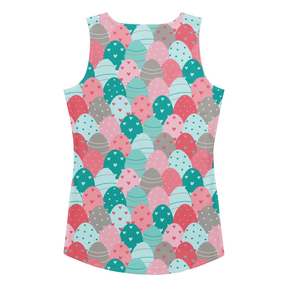 Women’s sleeveless top with pastel easter egg pattern in pink teal and gray quick drying buttery soft fabric upf 50+