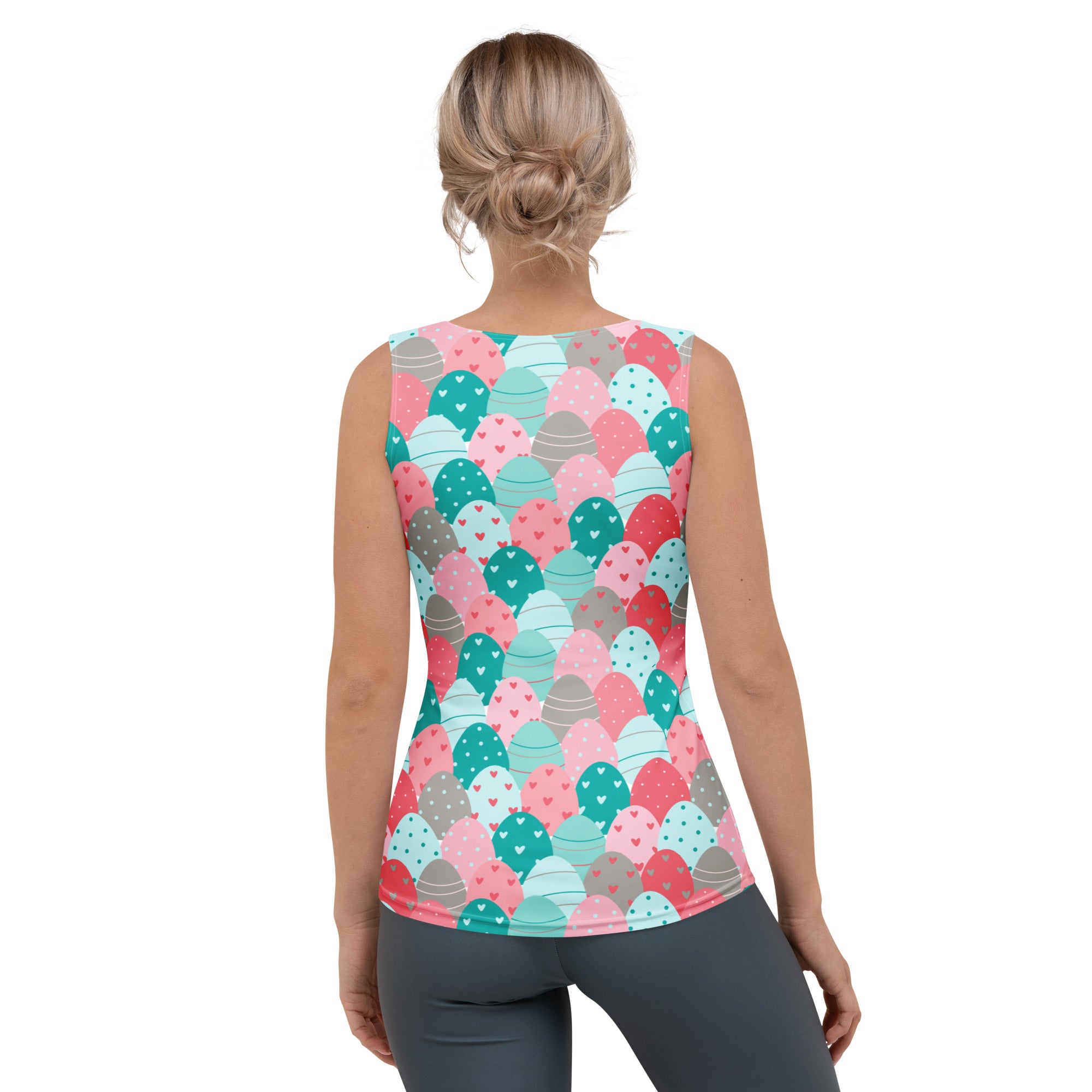 Women’s easter egg print tank top with vibrant pastel egg pattern quick drying buttery soft fabric upf 50+
