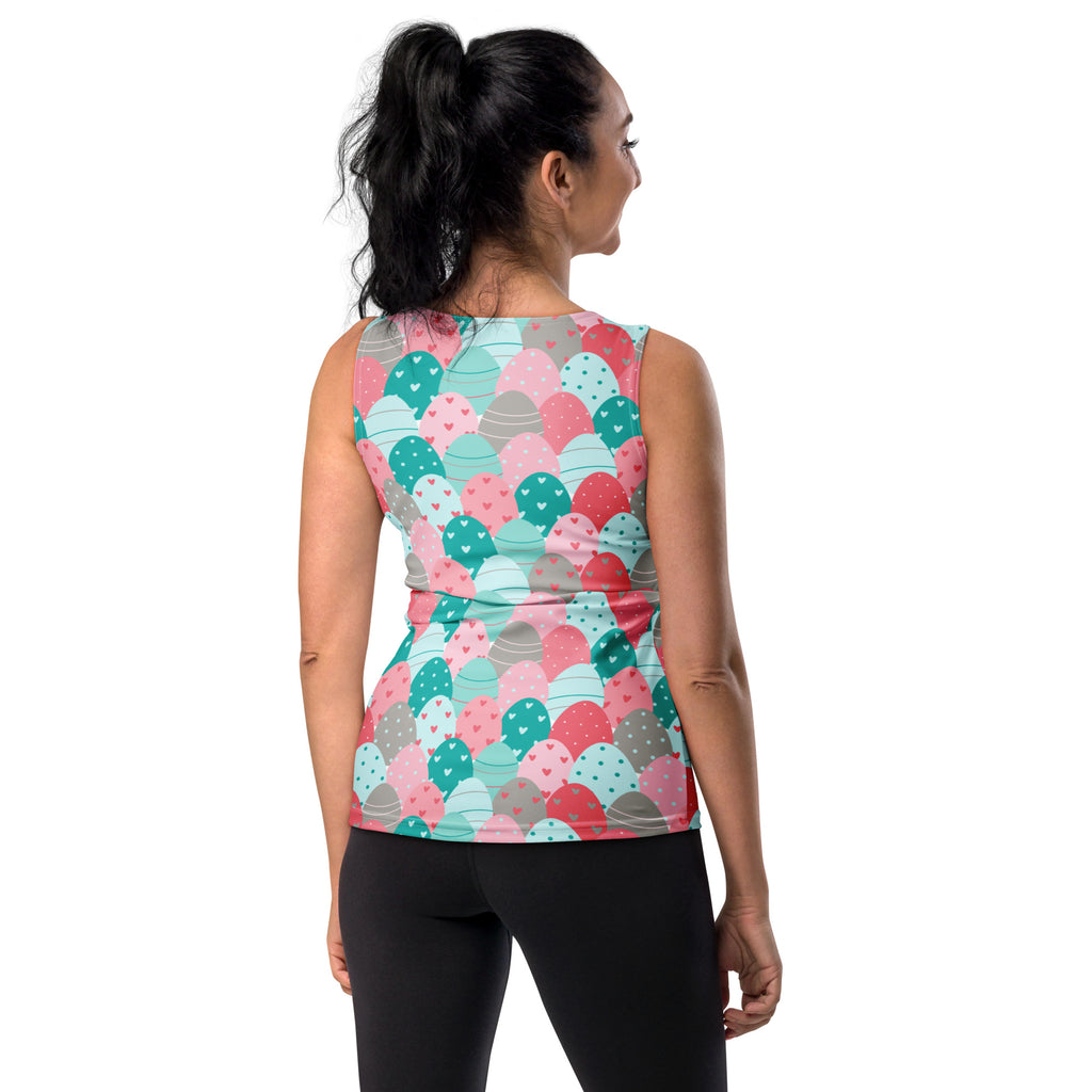 Women’s easter egg print tank top with pastel heart-dotted scales in pink teal and gray quick drying buttery soft fabric upf 50+