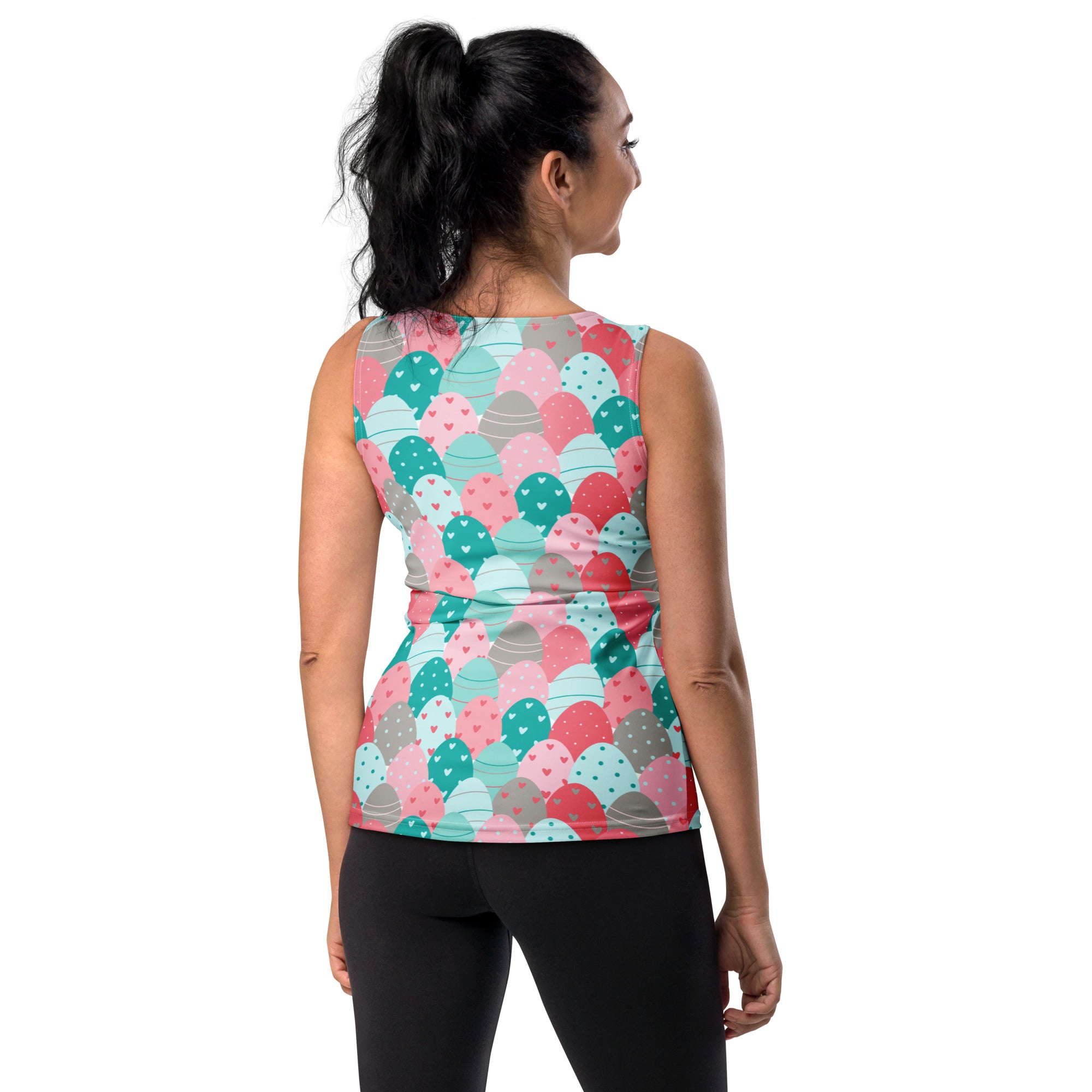 Women’s easter egg print tank top with pastel heart-dotted scales in pink teal and gray quick drying buttery soft fabric upf 50+