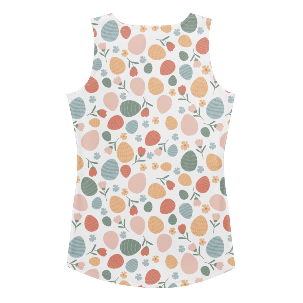 Women’s floral easter egg tank top with pastel pattern on white quick drying buttery soft fabric with upf 50+
