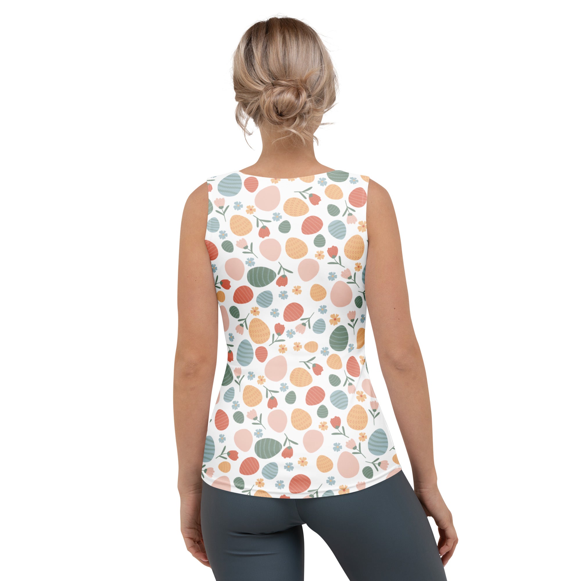 Women’s white sleeveless floral easter egg tank top with pastel pattern quick drying buttery soft fabric upf 50+