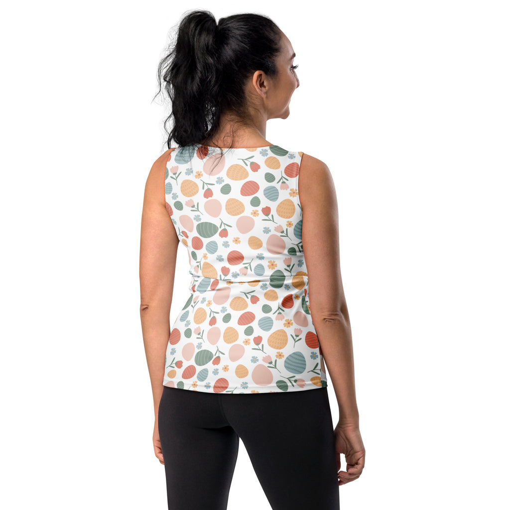 White sleeveless women’s floral easter egg tank top with pastel pattern quick drying buttery soft fabric upf 50+