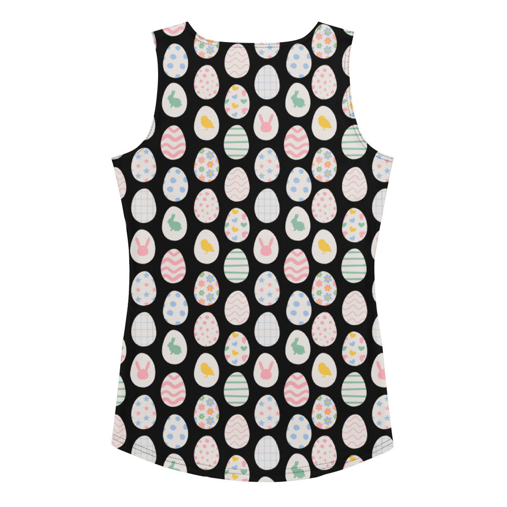Women’s black sleeveless easter tank top with colorful pastel eggs and bunnies in quick drying buttery soft fabric with upf 50+