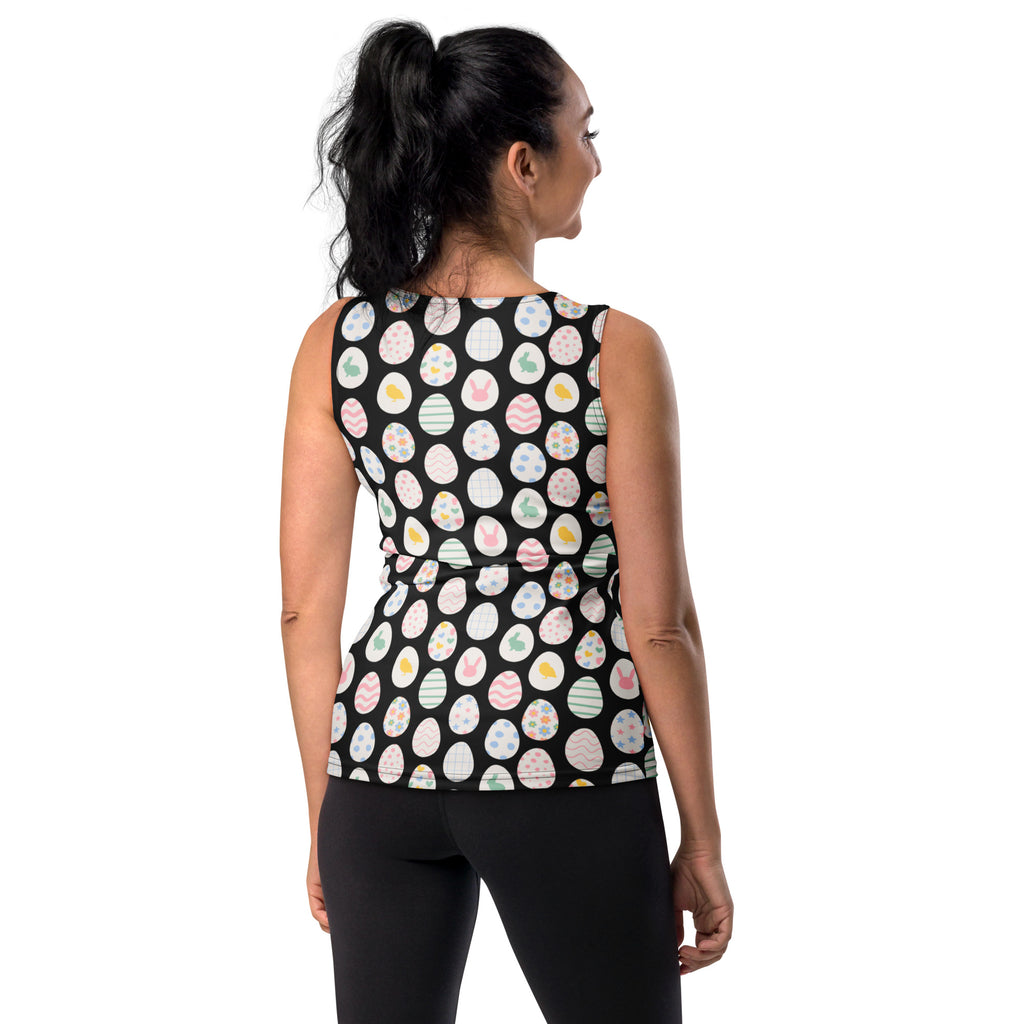 Black sleeveless peplum tank top with playful pastel easter egg and bunny pattern made of quick drying buttery soft fabric with upf 50+