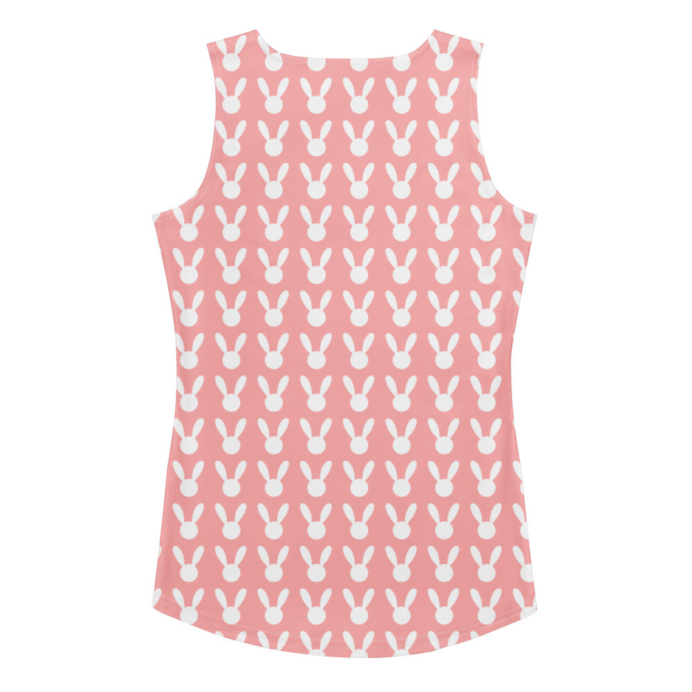 Women’s pink bunny tank top with white bunny pattern quick drying buttery soft fabric and upf 50 plus protection