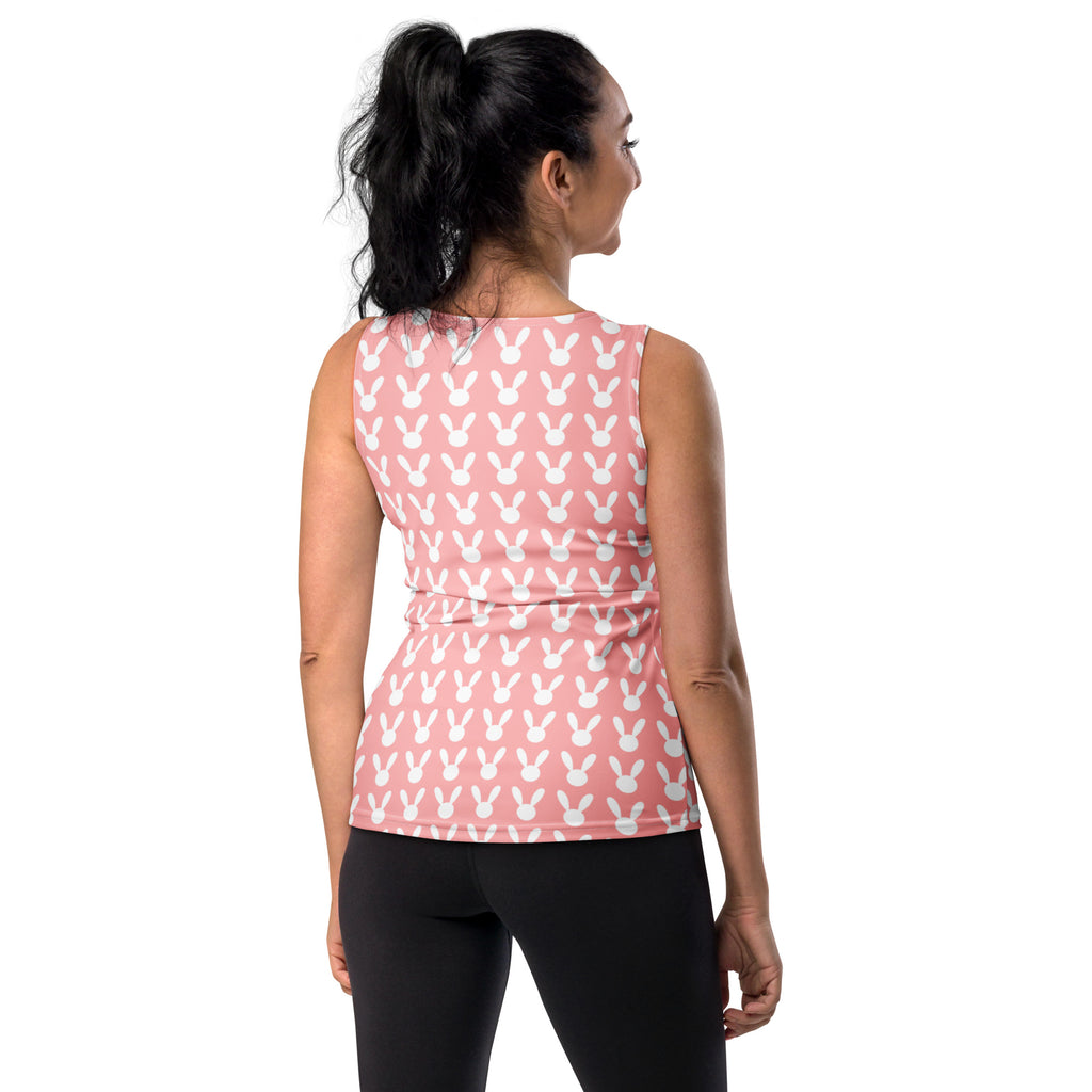 Women’s pink bunny tank top with white prints quick drying buttery soft fabric and upf 50 plus protection
